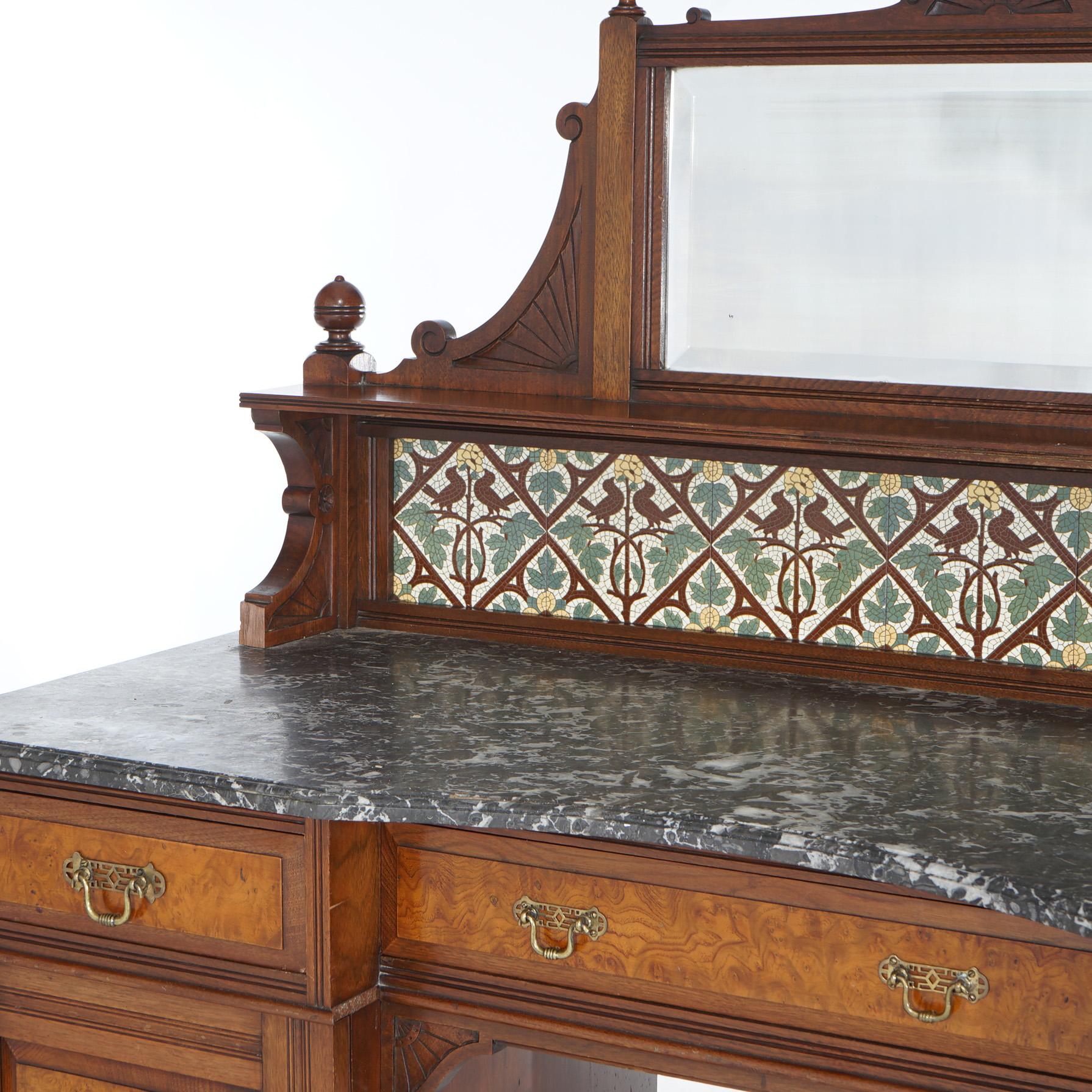 Aesthetic Movement Antique Aesthetic Walnut & Burl Marble Top Dressing Table with Bird & Leaf Tiles For Sale