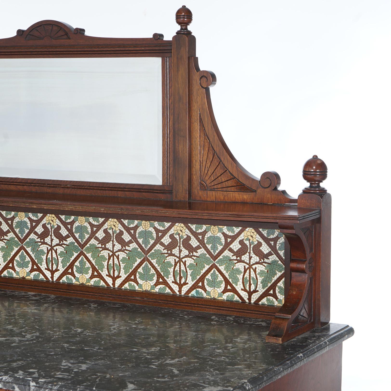 Antique Aesthetic Walnut & Burl Marble Top Dressing Table with Bird & Leaf Tiles In Good Condition For Sale In Big Flats, NY
