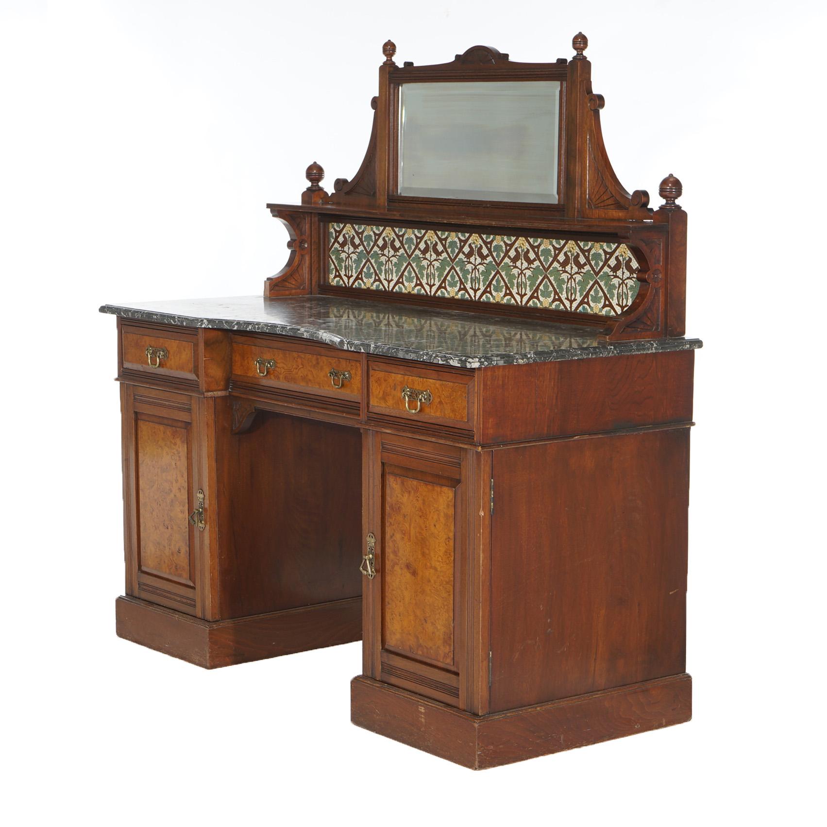 19th Century Antique Aesthetic Walnut & Burl Marble Top Dressing Table with Bird & Leaf Tiles For Sale