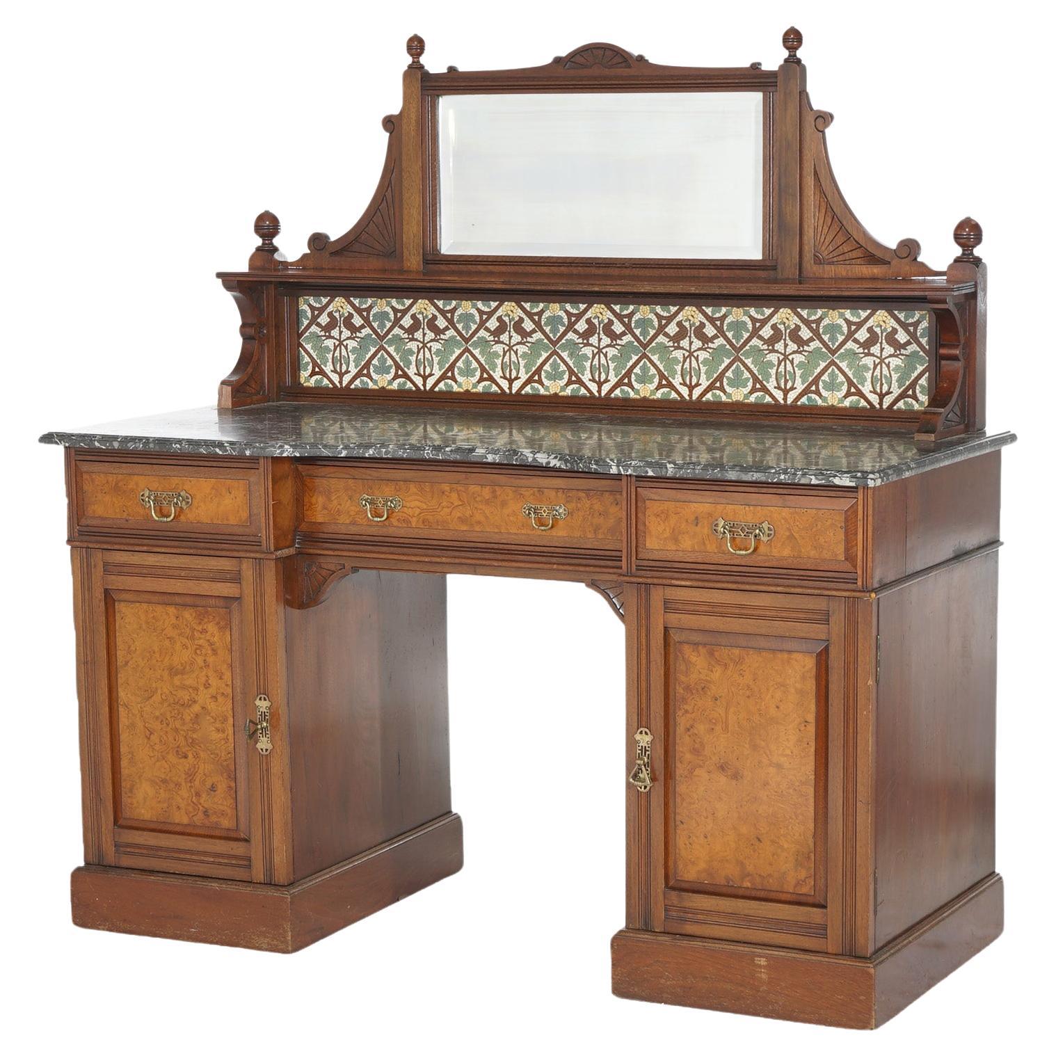 Antique Aesthetic Walnut & Burl Marble Top Dressing Table with Bird & Leaf Tiles For Sale