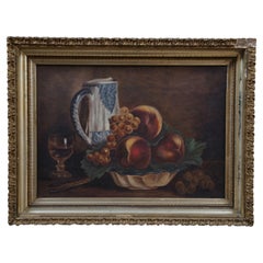Antique AF Dyer Still Life Oil Painting Fruit Peaches Grapes Wine Pitcher 21"
