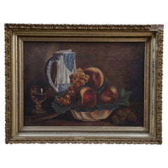 Antique AF Dyer Still Life Oil Painting Fruit Peaches Grapes Wine Pitcher 21"