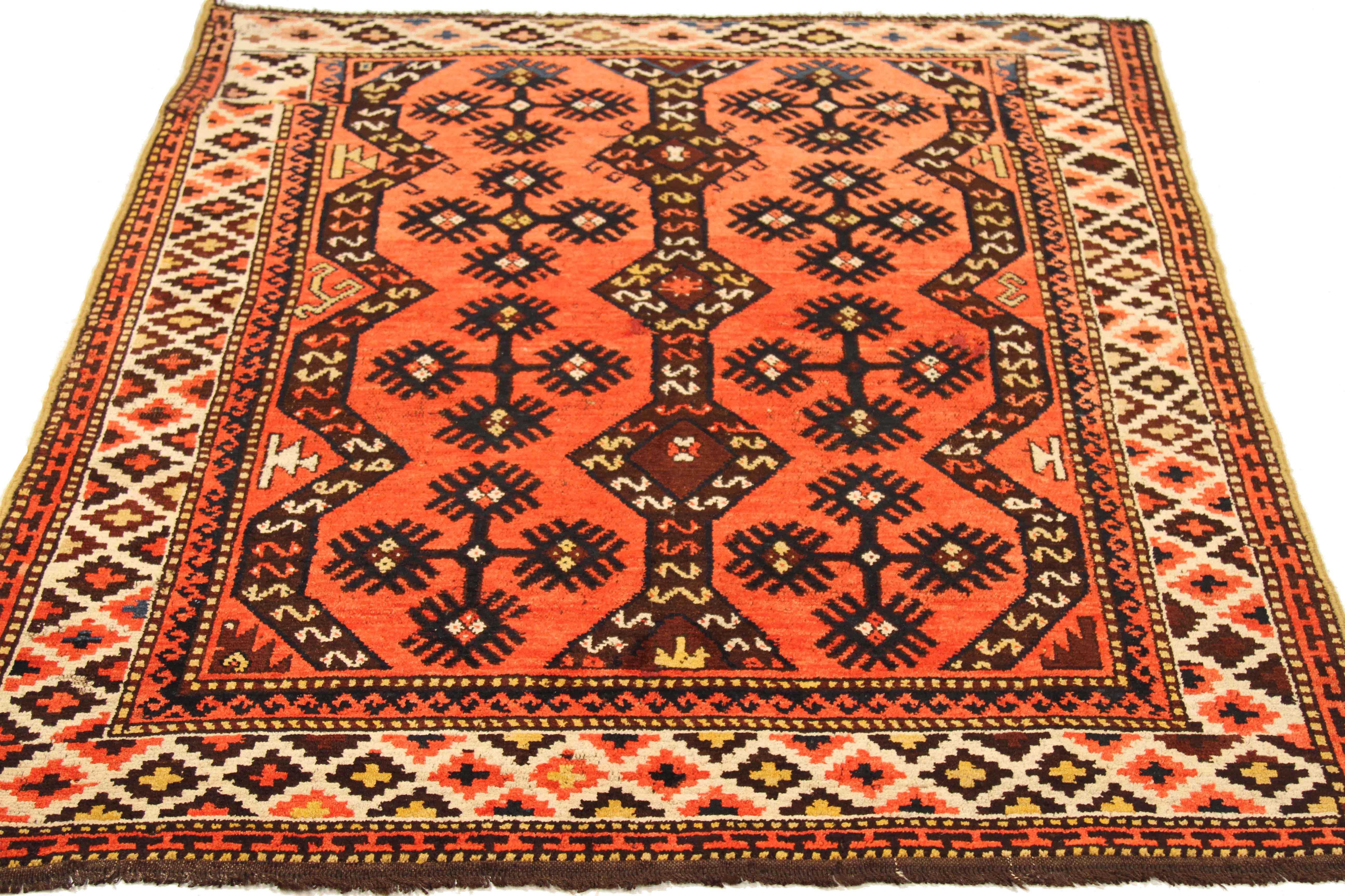 Antique Afghan area rug handwoven from the finest sheep’s wool. It’s colored with all-natural vegetable dyes that are safe for humans and pets. It’s a traditional Afghan design handwoven by expert artisans. It’s a lovely area rug that can be