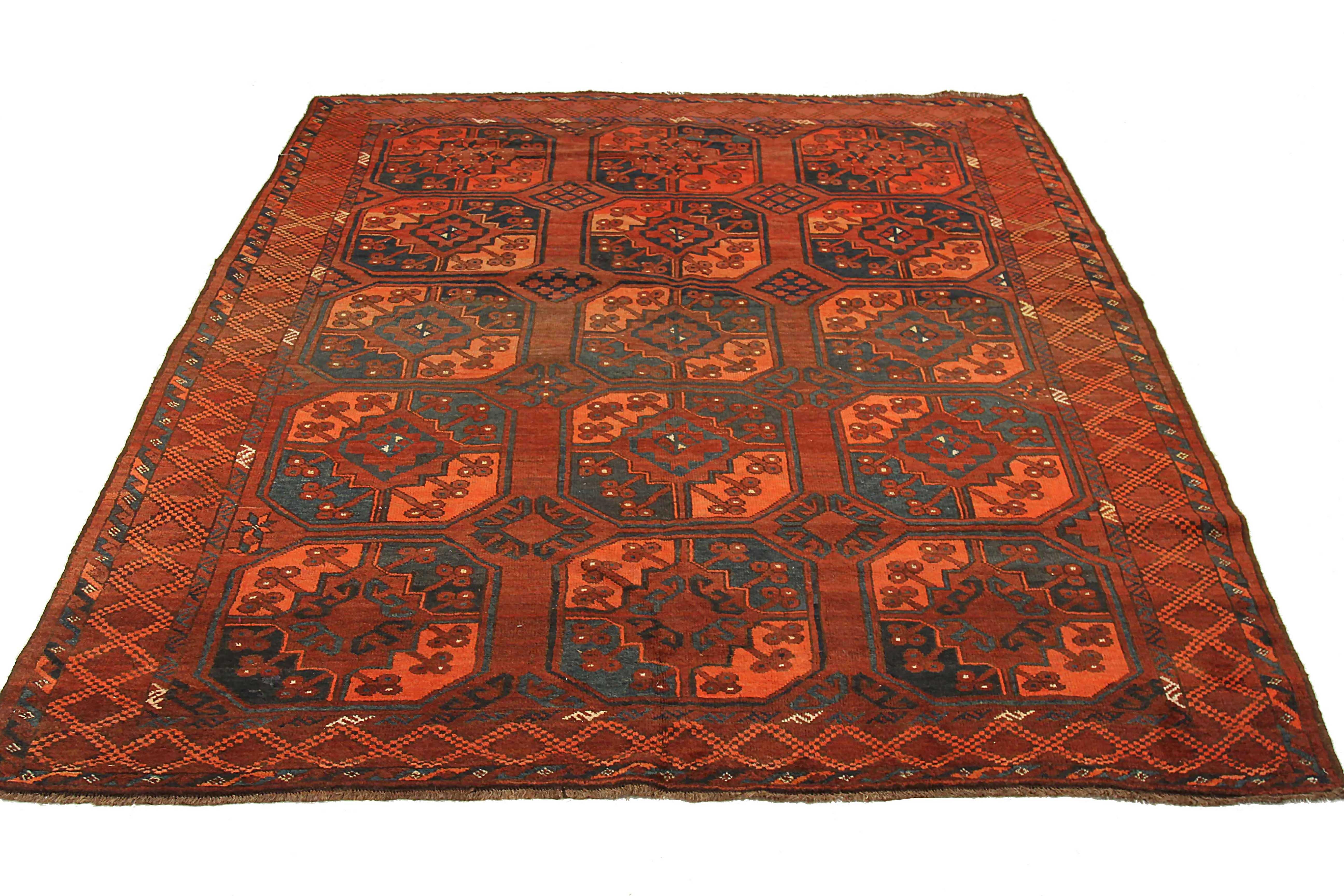 Antique Afghan area rug handwoven from the finest sheep’s wool. It’s colored with all-natural vegetable dyes that are safe for humans and pets. It’s a traditional Tekeh design handwoven by expert artisans.It’s a lovely area rug that can be