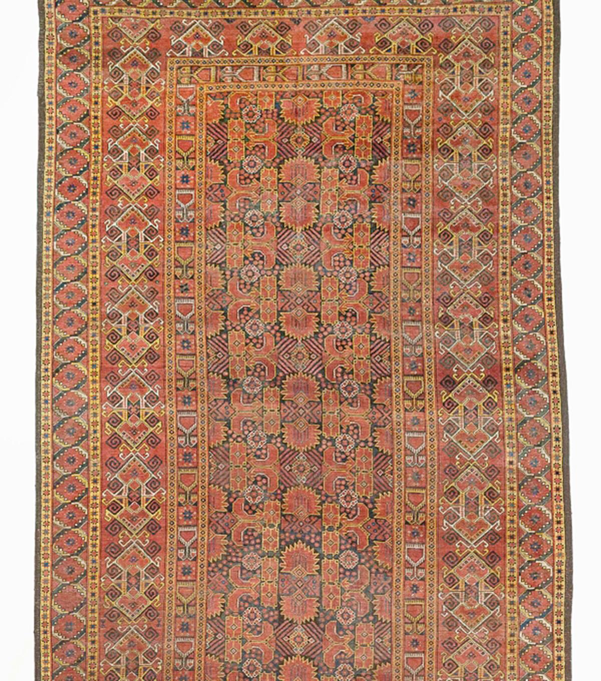 Persian Antique Afghan Bashir Style Rug with Black and Yellow Floral & Geometric Details For Sale