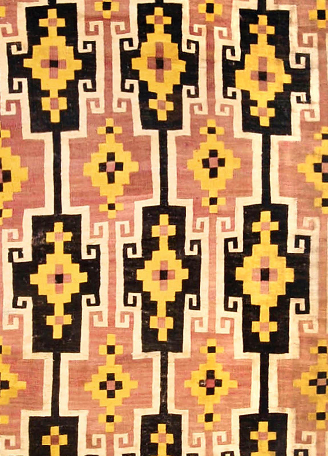 Mid-20th Century Afghan black, yellow and rose kilim wool rug
Size: 12'3
