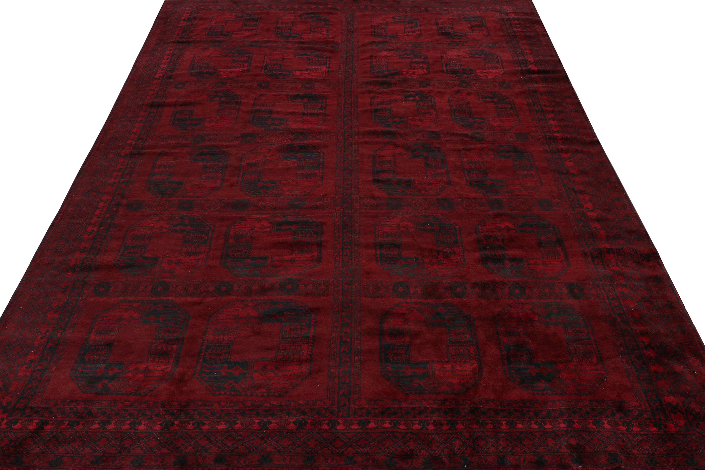 Persian Antique Afghan Bokhara Rug in Burgundy Red and Black Medallions by Rug & Kilim For Sale