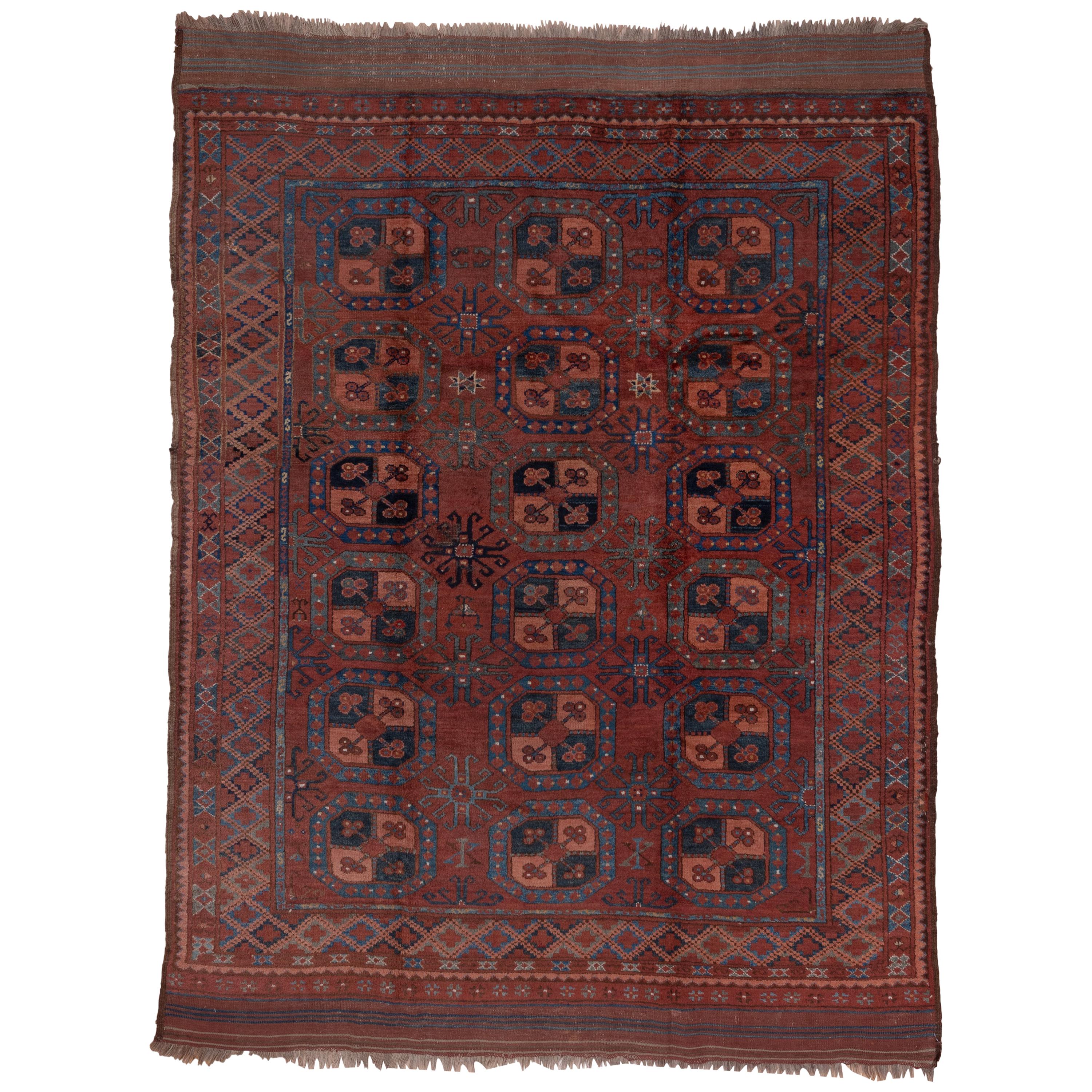 Antique Tribal Afghan Ersari Carpet, AllOver Field, Ivory Light Brown