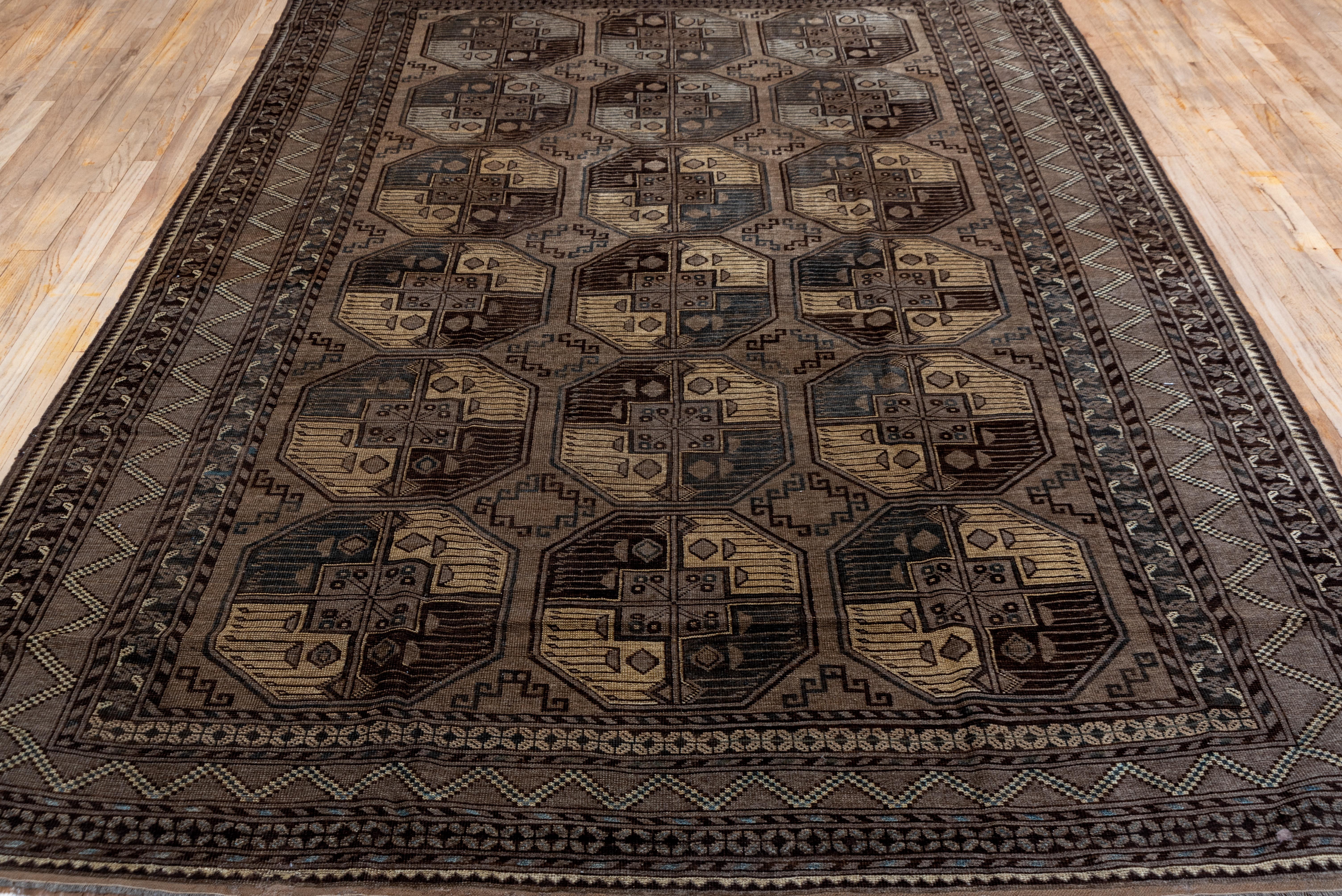 Hand-Knotted Antique Afghan Ersari Carpet, Turkmen Pattern, Circa 1930s, Brown & Gold Tones For Sale