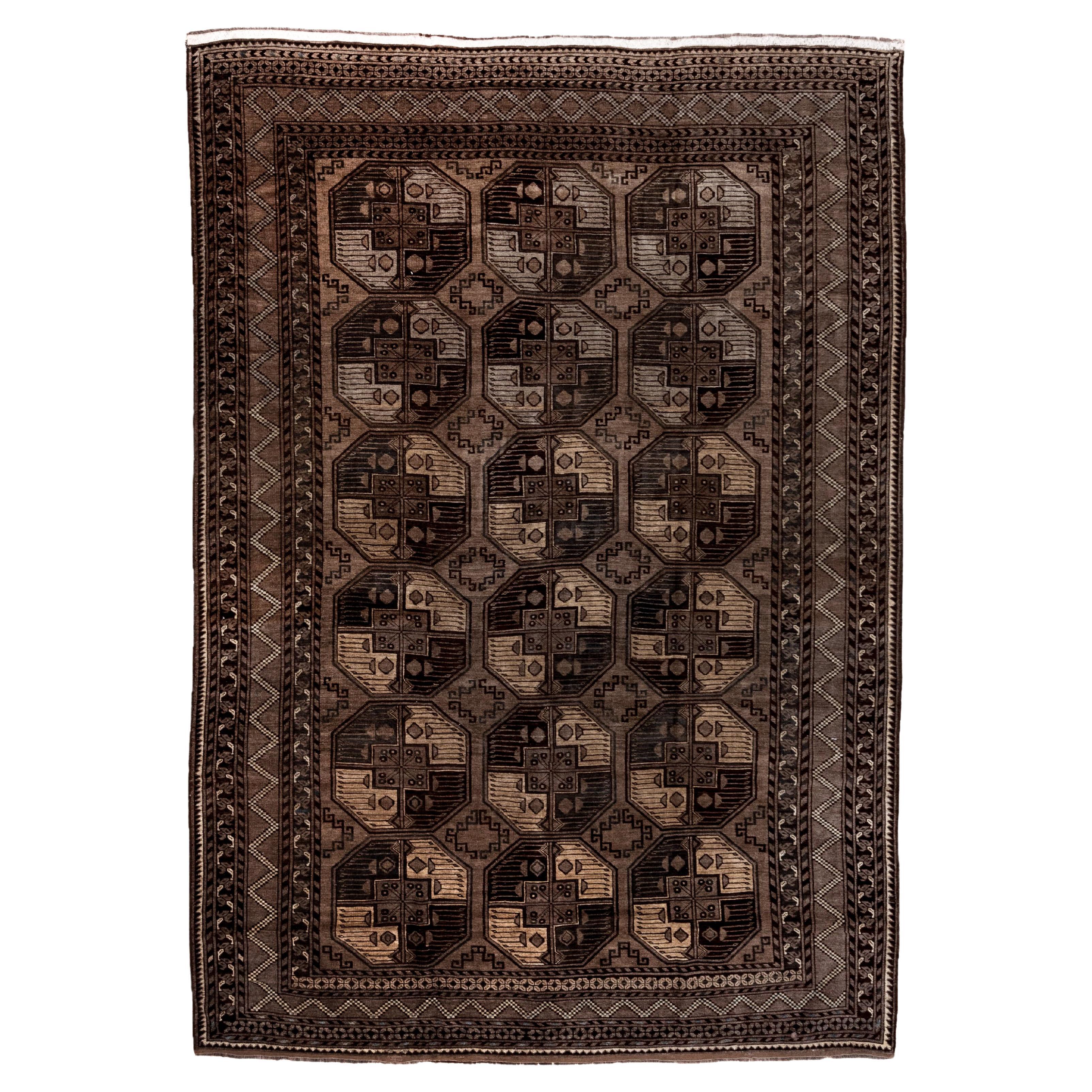 Antique Afghan Ersari Carpet, Turkmen Pattern, Circa 1930s, Brown & Gold Tones For Sale