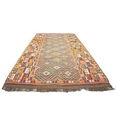 Antique Afghan Kabul Kilim Wool 10x17 Camel, Brick & Teal Handmade Area Rug