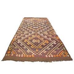 Antique Afghan Kabul Kilim Wool 7x15 Brick Red, & Yellow Handmade Gallery Rug