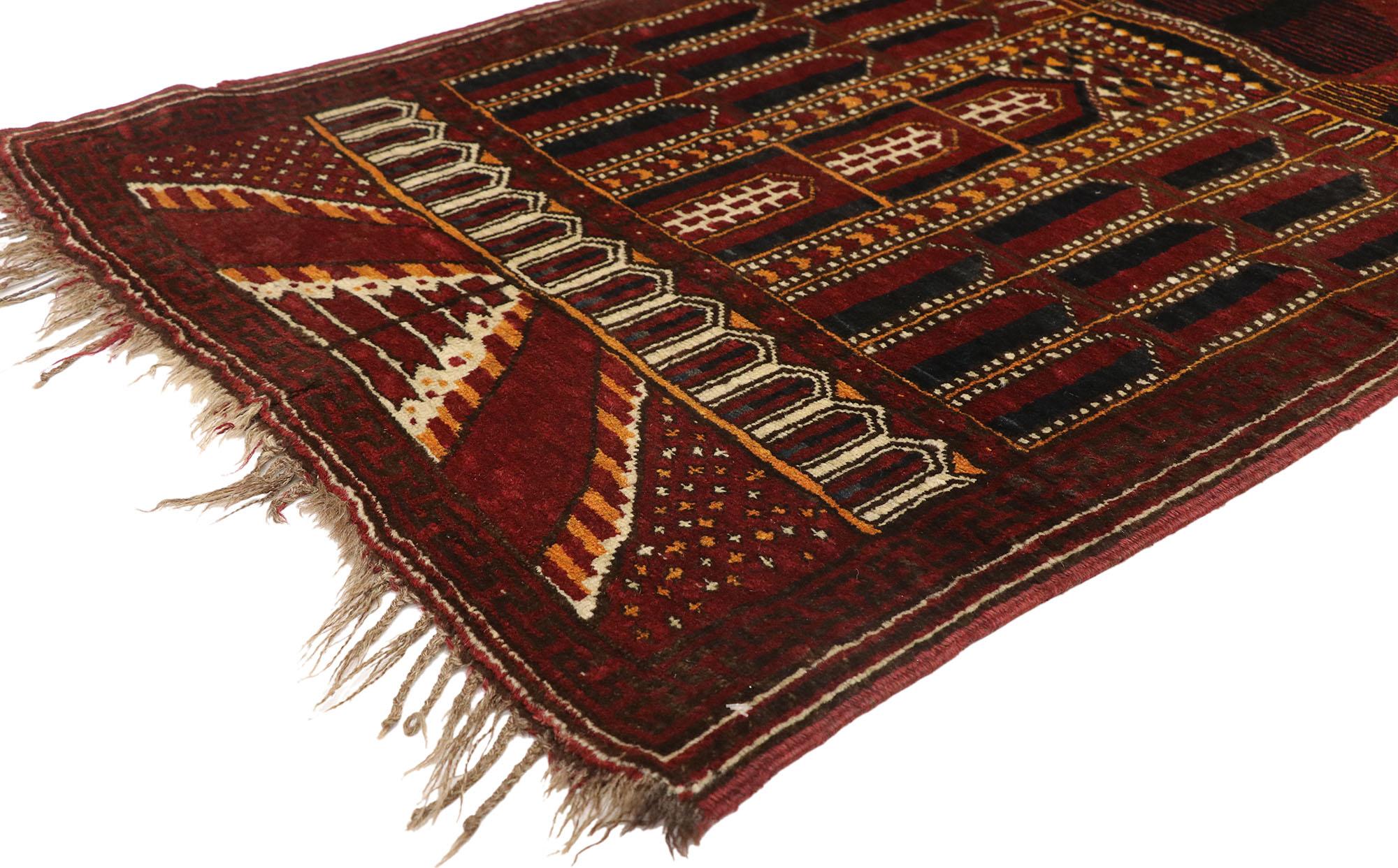 71986 antique Afghan Kizil Ayak Mosque Prayer rug. Warm and inviting with a dark, rich color palette, this antique Afghan Kizil Ayak Mosque prayer rug beautifully displays a two compartment design. The majority of the top showcases a mosque while