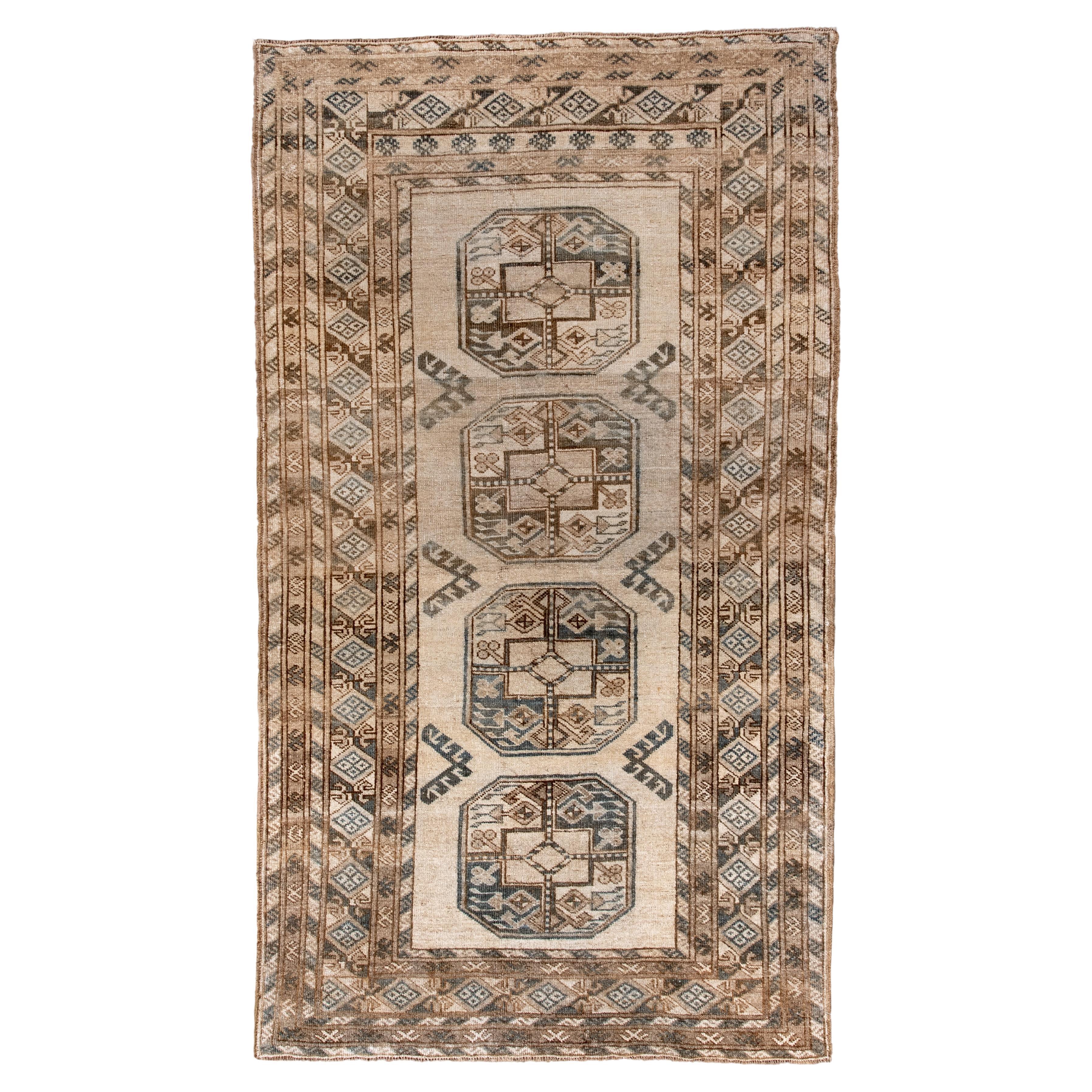 Antique Afghan Rug with Triple Gül Medallions in Soft Beige, Taupe 
Blue-Grey