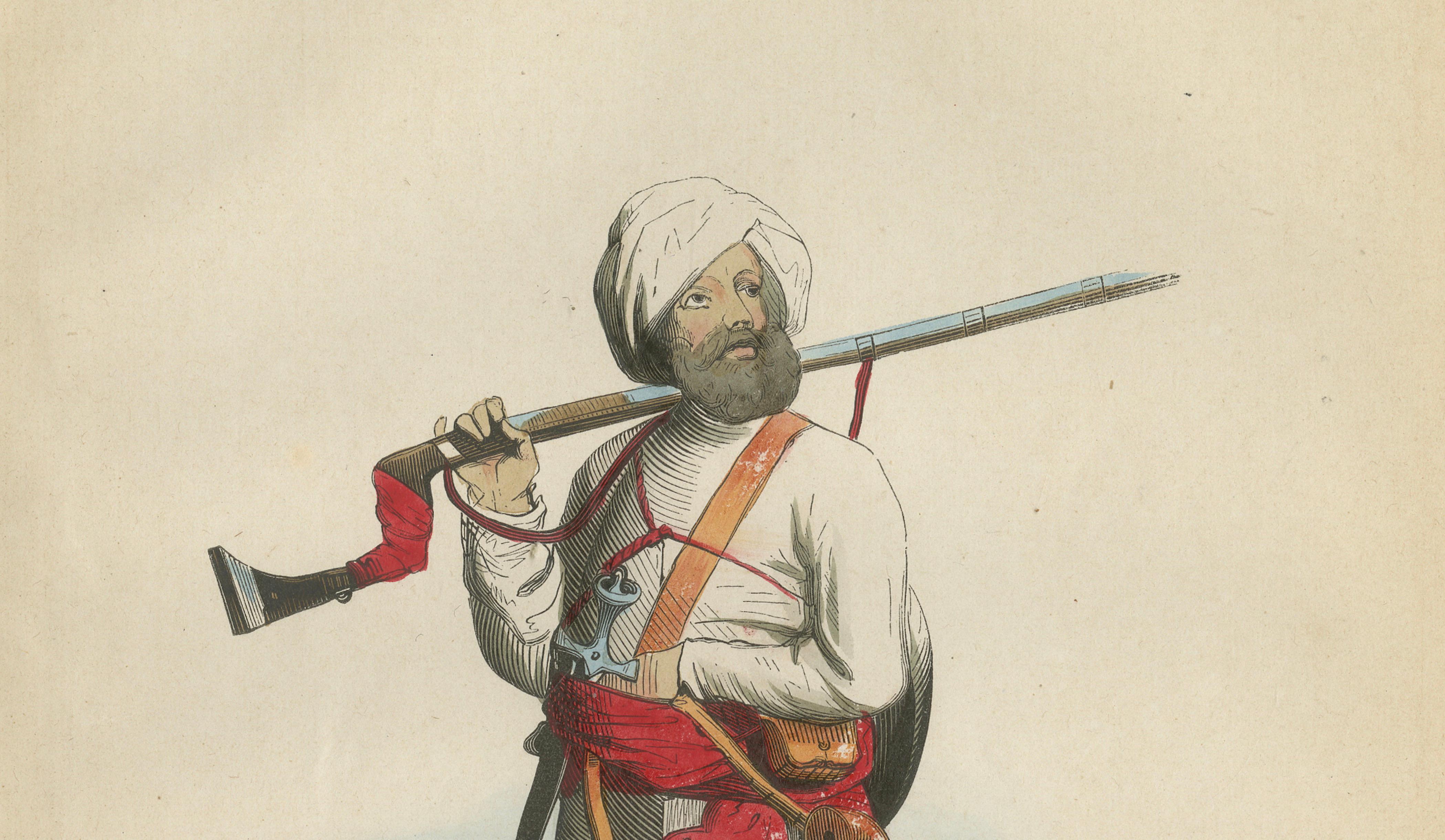 Antique Afghan Soldier Print, Hand-Colored Military Costume Lithograph, 1852