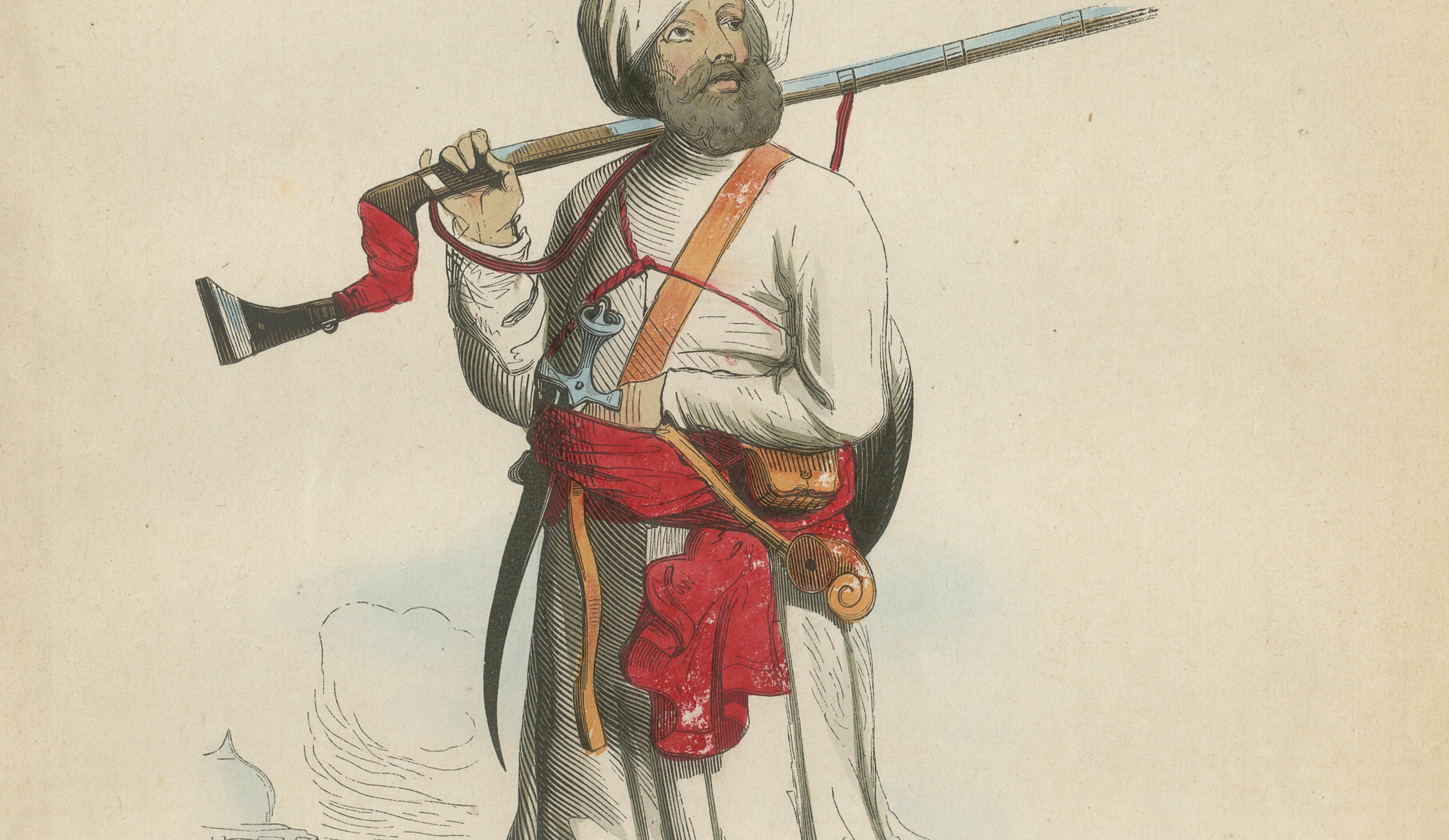 Antique Afghan Soldier Print, Hand-Colored Military Costume Lithograph, 1852