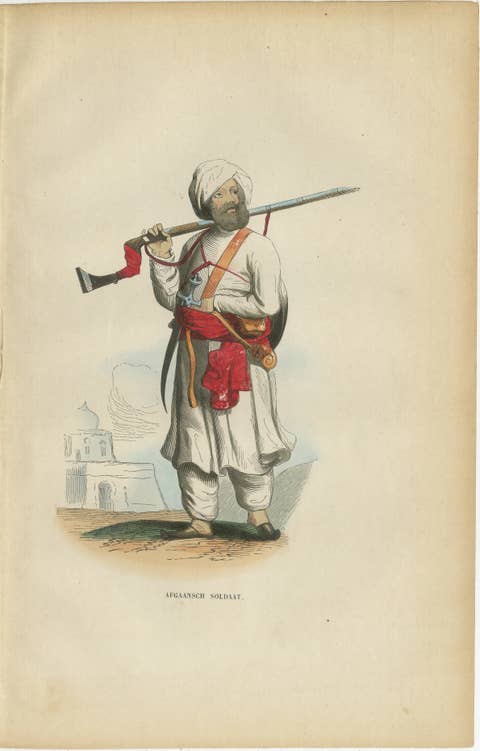 Antique Afghan Soldier Print, Hand-Colored Military Costume Lithograph, 1852