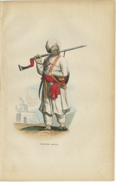 Antique Afghan Soldier Print, Hand-Colored Military Costume Lithograph, 1852