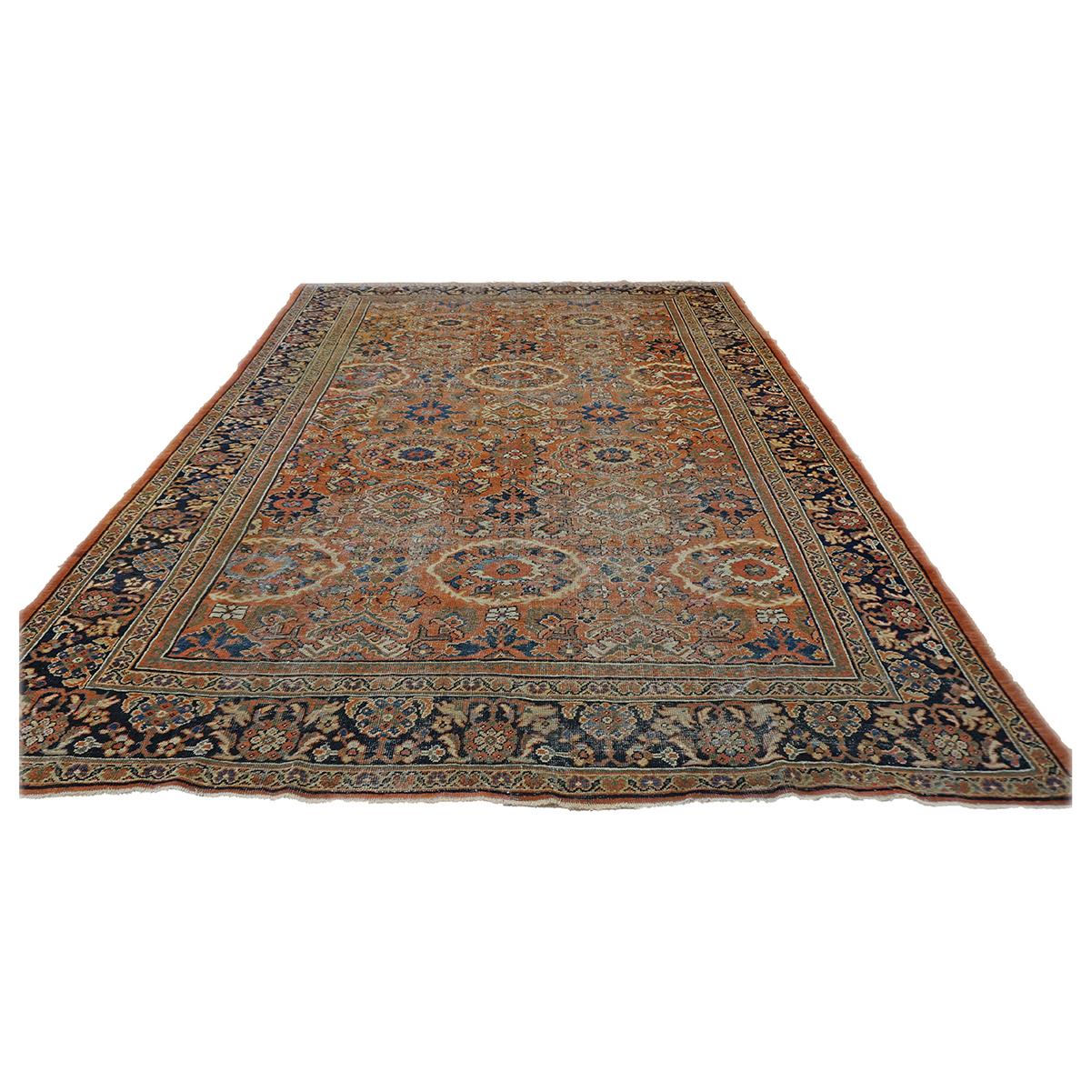 Antico afghano Sultanabad Masters Wool 8 x 12 Navy, Orange, Red & Ivory Fatto a mano in vendita 6