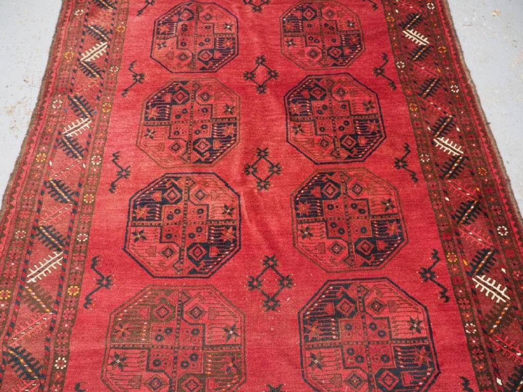 Antique Northern Afghan Sulyman village rug with two rows of six large guls
Circa 1900/20

The rug is of a typical design from a Northern Afghan Sulyman village, the colour is a warm madder red and the rug has excellent wool

The rug is in good