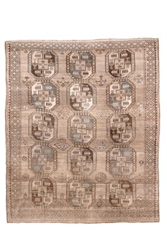 Antique Afghan Tribal Carpet with Octagonal Guls in Soft Ivory, Taupe and Brown