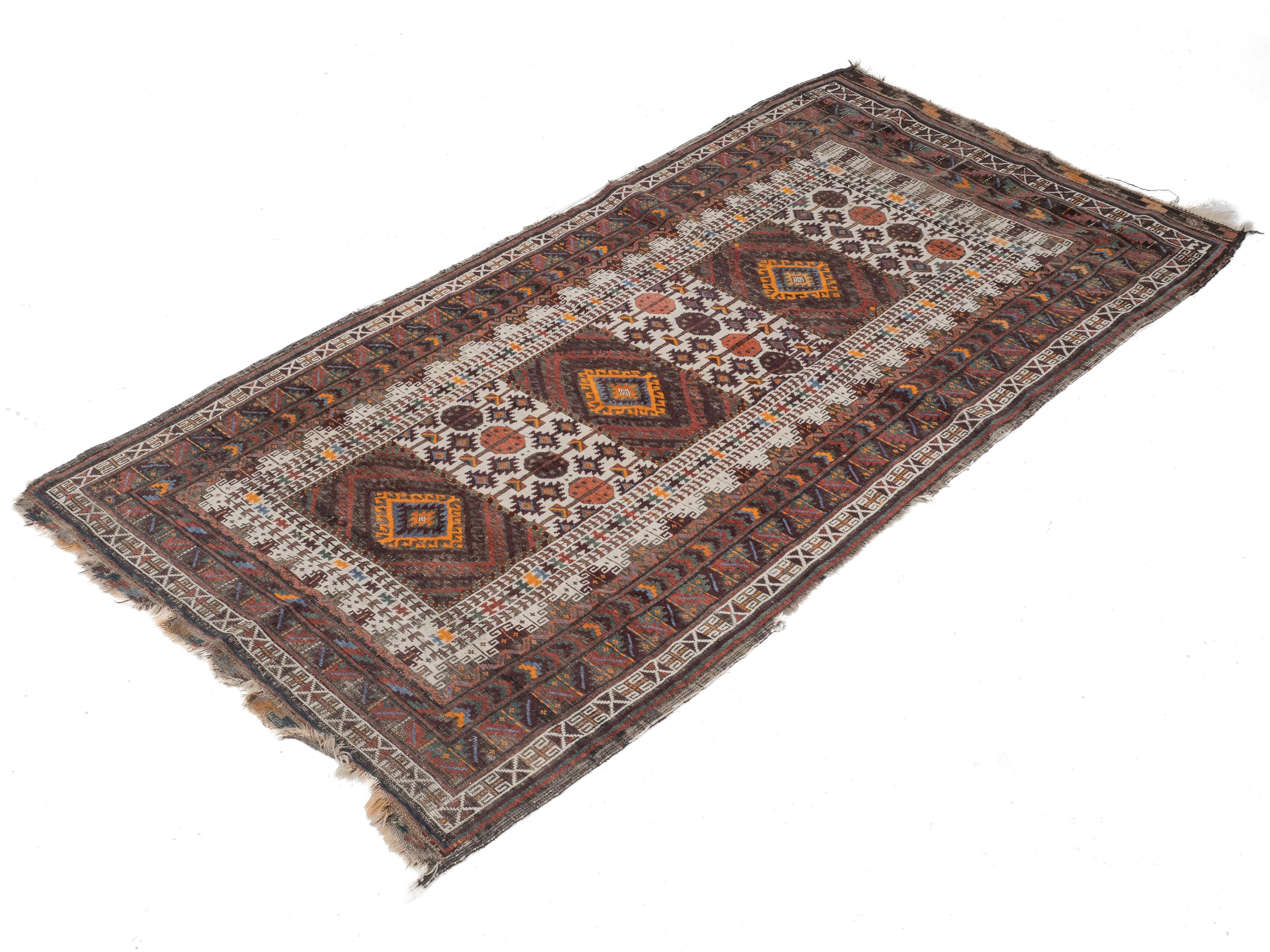 Laine Antique Afghan Tribal Rug Hand-Knotted Wool Early c.20th 7' x 3'8