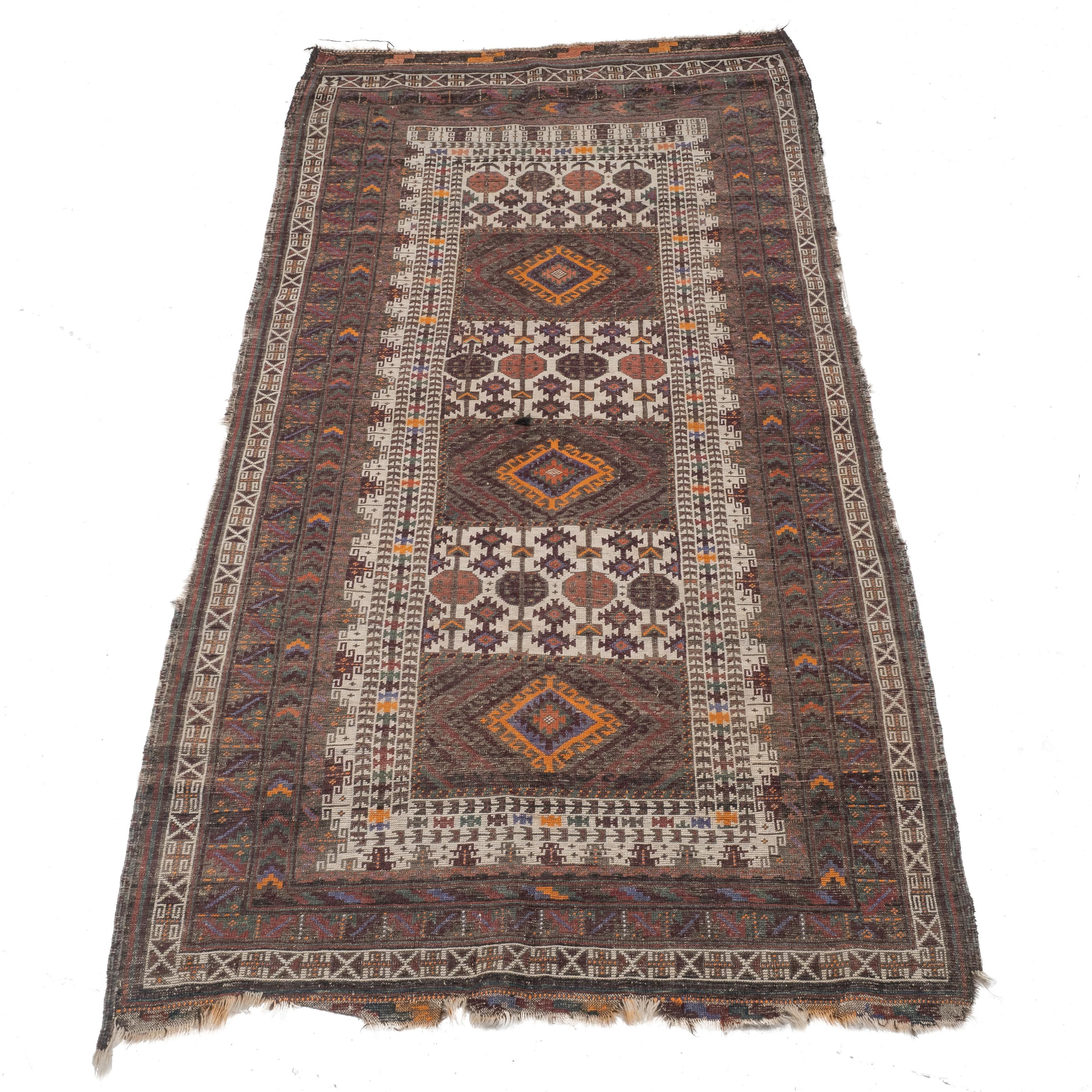 Antique Afghan Tribal Rug Hand-Knotted Wool Early c.20th 7' x 3'8