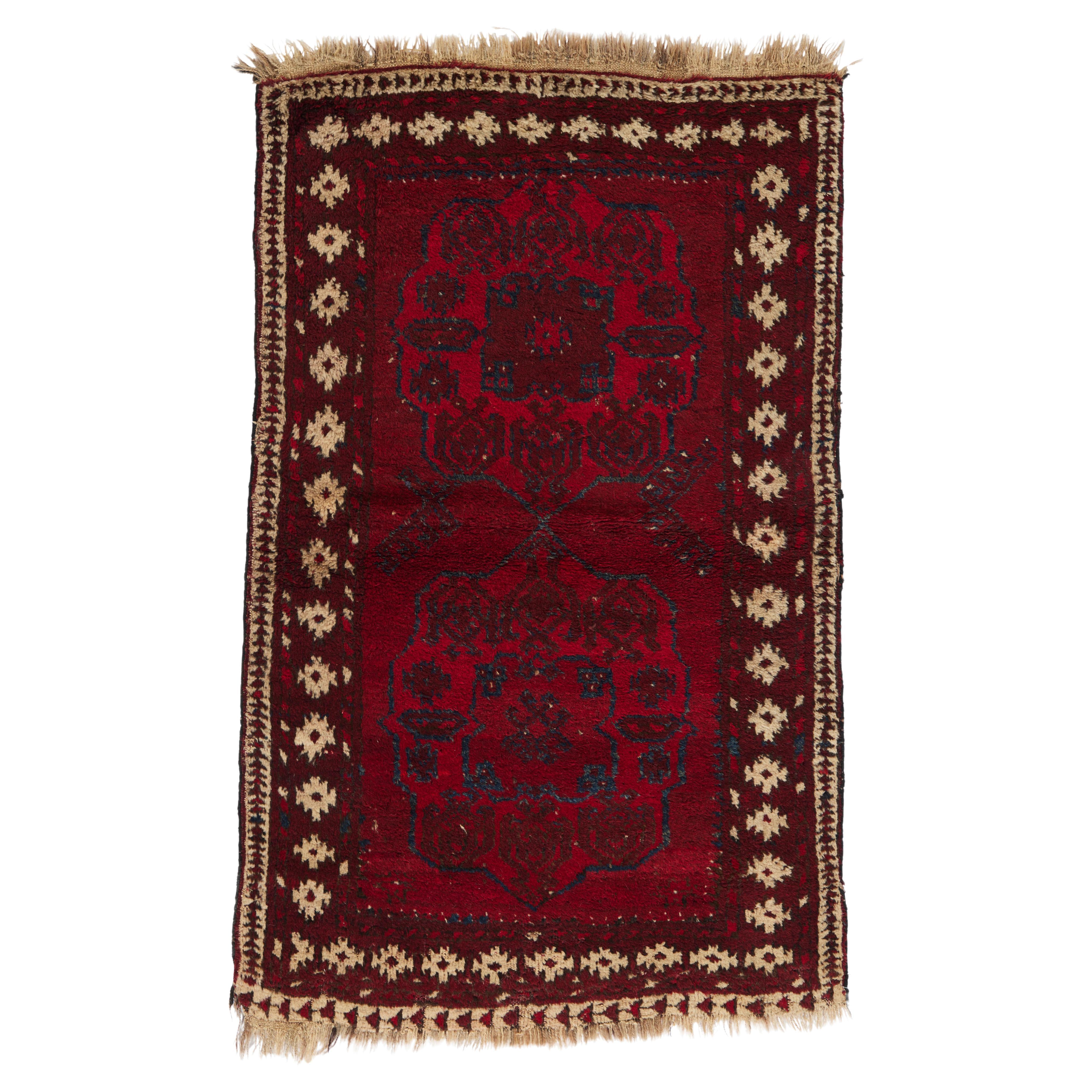 ANTIQUE AFGHANI 3' 0" X 4' 11" Over 100 years old, double boarder wool For Sale