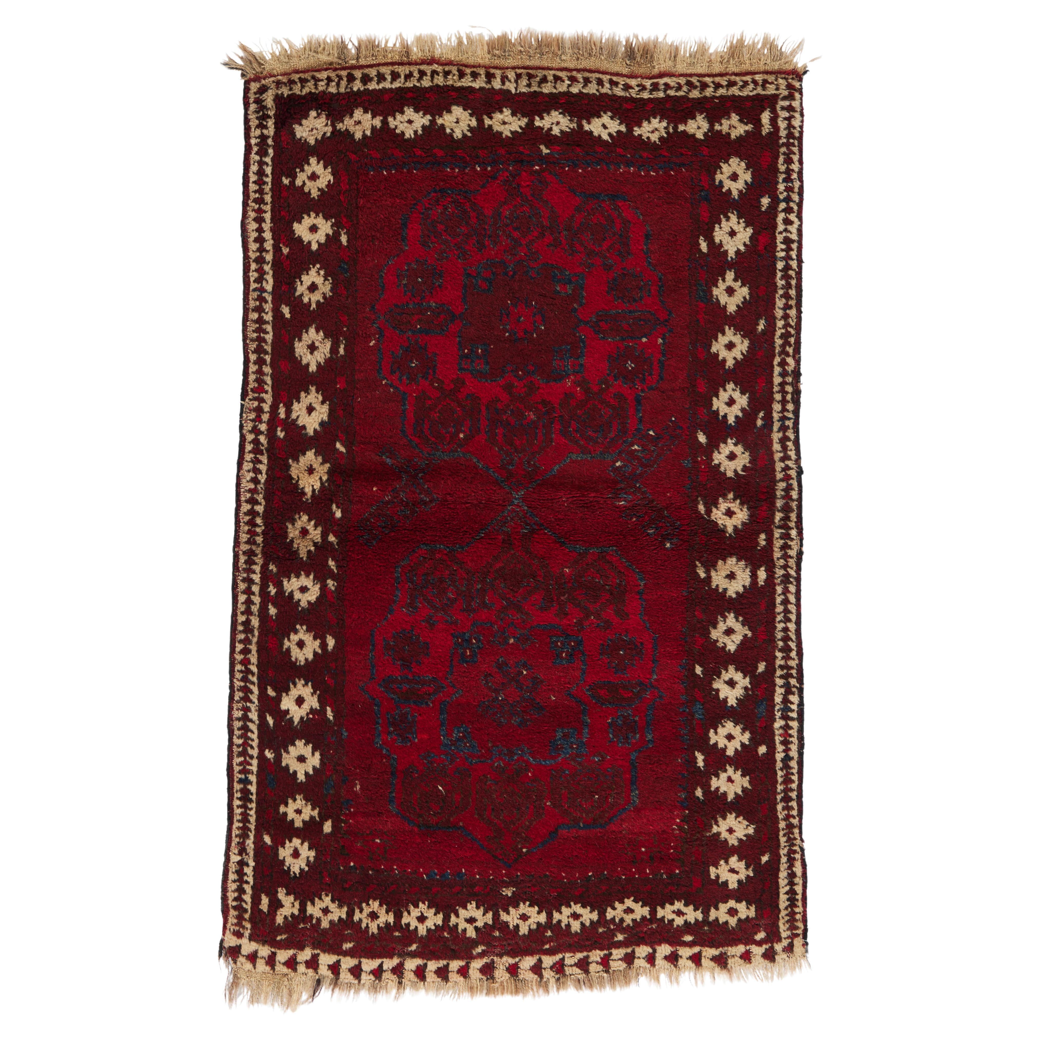 ANTIQUE AFGHANI 3' 0" X 4' 11" Più di 100 anni, lana a doppio bordo in vendita