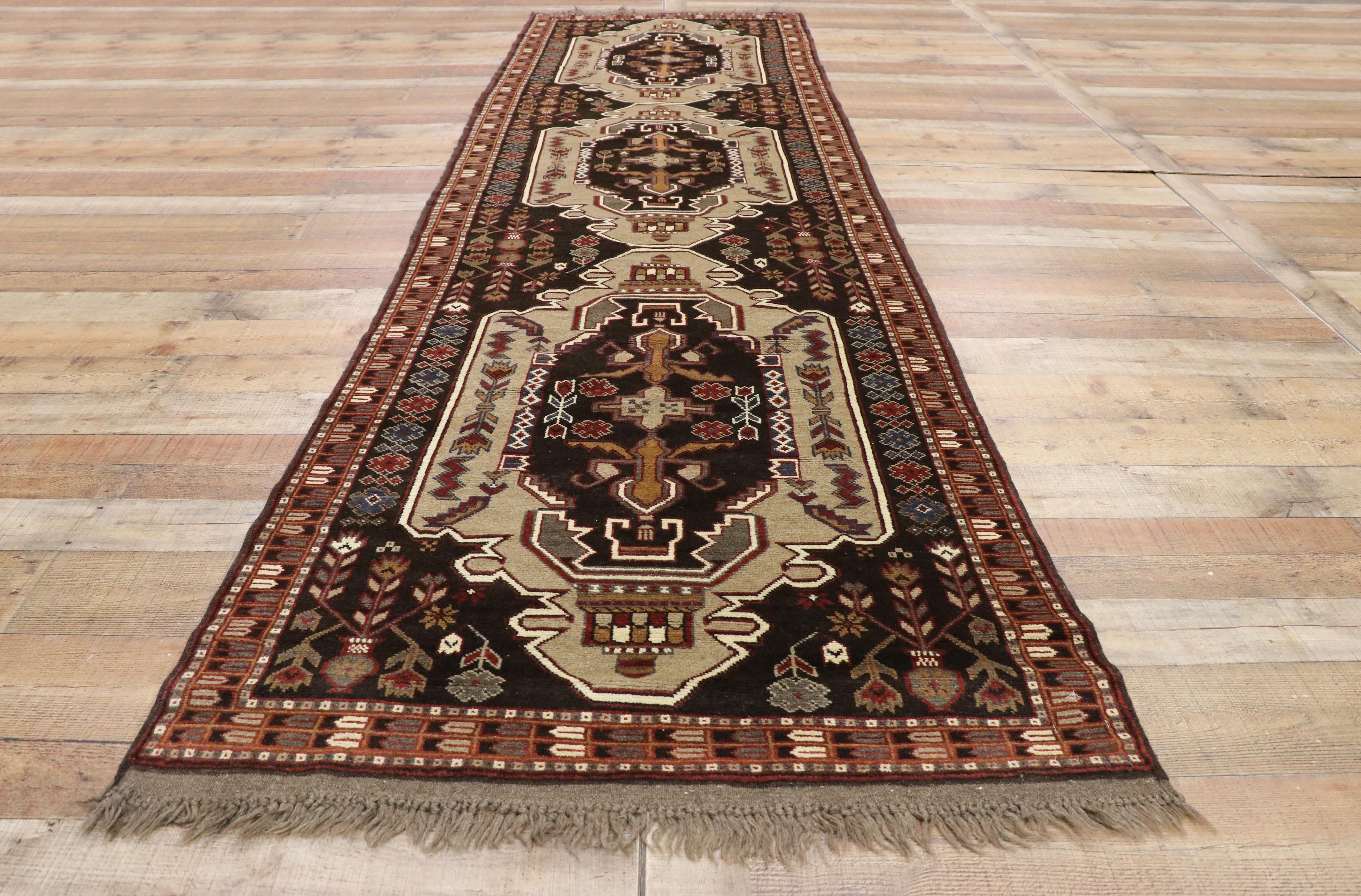 Wool Vintage Afghani Hallway Runner with Tribal Vibes and Mid-Century Modern Style For Sale
