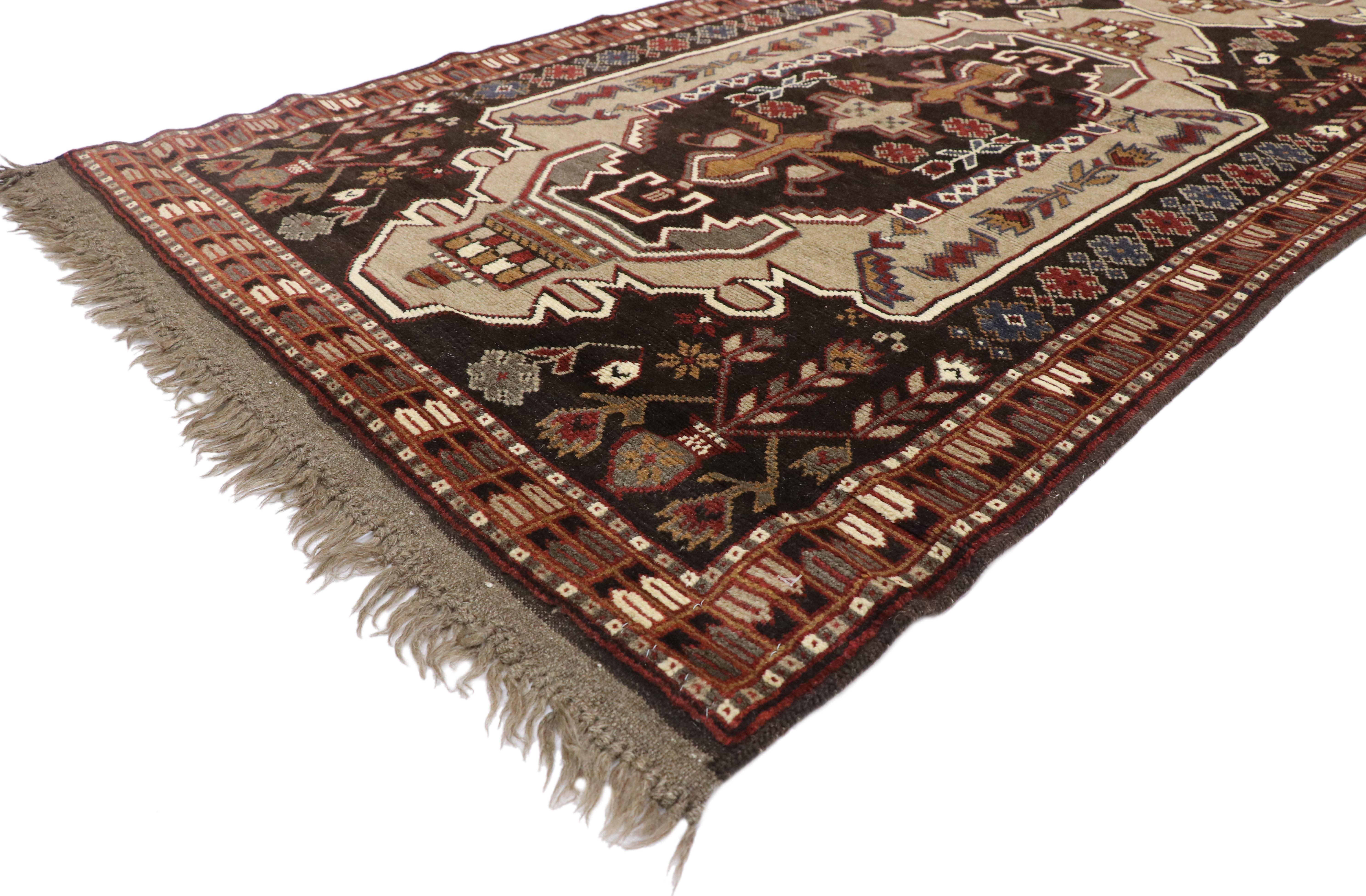  72353 Vintage Afghani Hallway Runner with Tribal Vibes and Mid-Century Modern Style. Displaying Mid-Century Modern style and nomadic tribal vibes, this vintage hand-knotted wool vintage Afghan carpet runner is an amalgam of nomadic charm and
