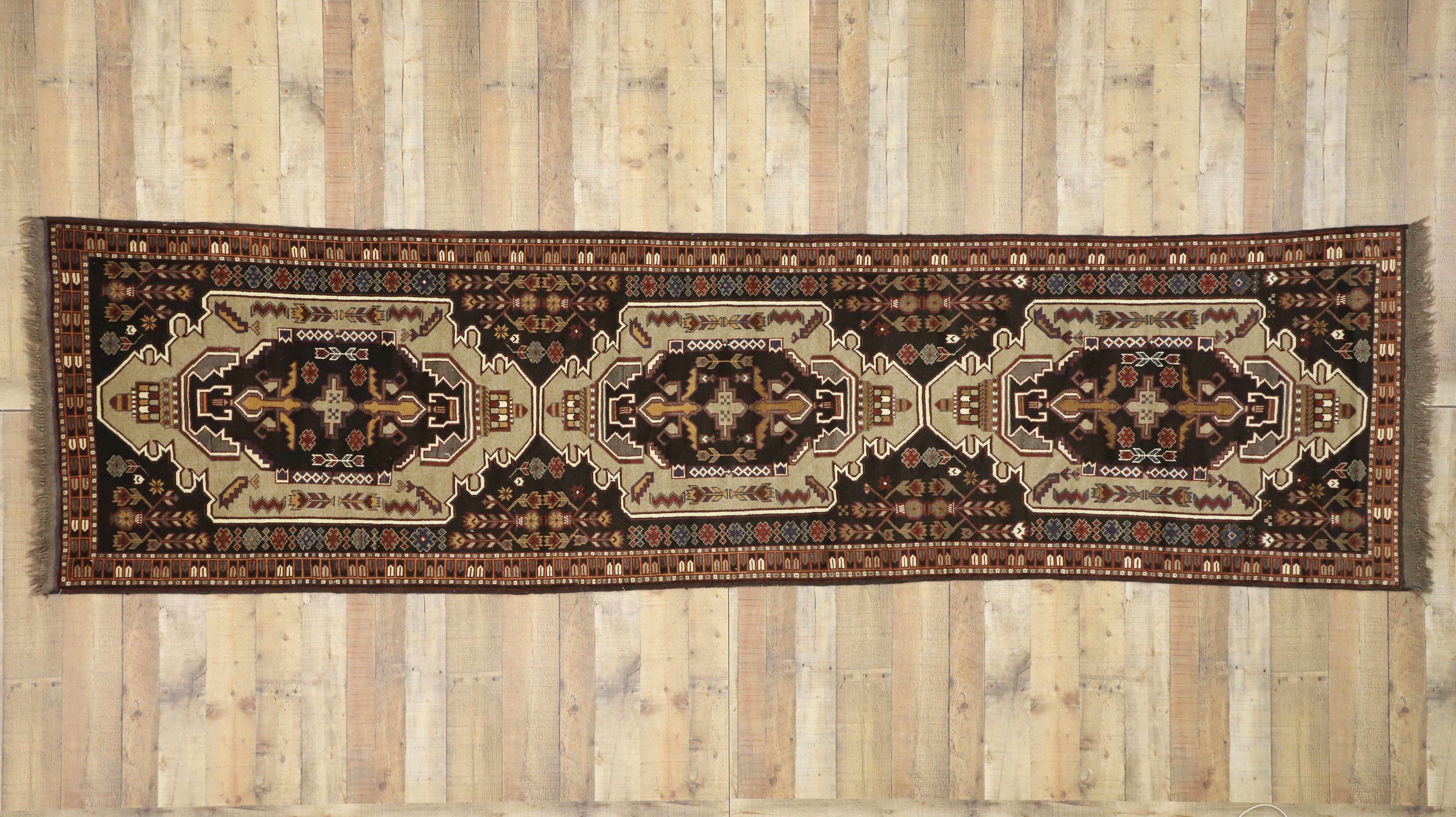 Vintage Afghani Hallway Runner with Tribal Vibes and Mid-Century Modern Style For Sale 1
