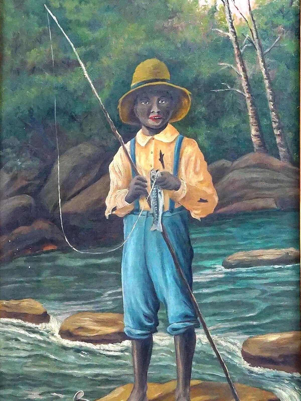 Un antico dipinto a olio su tela di scuola americana Folk Art che raffigura un ragazzo pescatore afroamericano in un paesaggio fluviale, 1913. Firmato dall'artista J. Feindell e datato in basso a destra. Incorniciato. Belle arti americane, dipinti