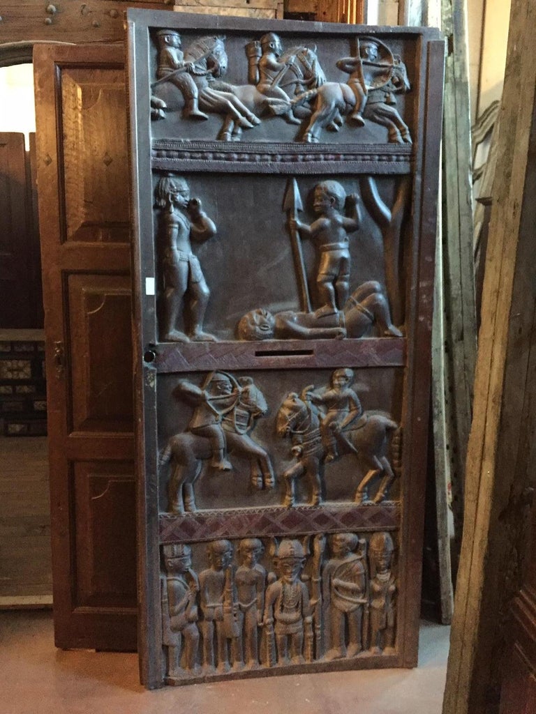 Antique African Entrance Door, Dark Wood Carved Tribal Figures, 1900s