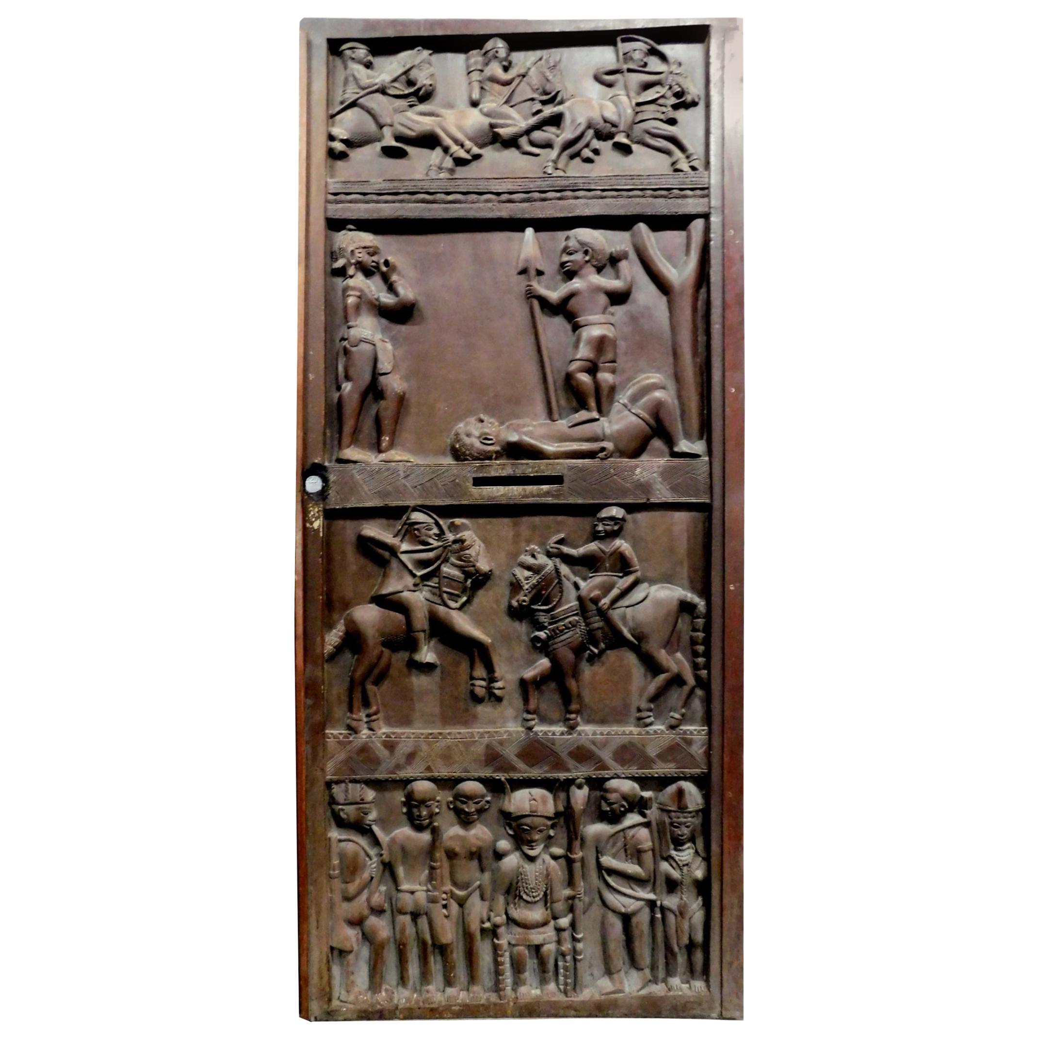 Antique African Entrance Door, Dark Wood Carved Tribal Figures, 1900s