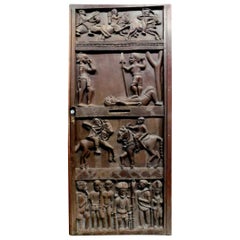 Antique African Entrance Door, Dark Wood Carved Tribal Figures, 1900s