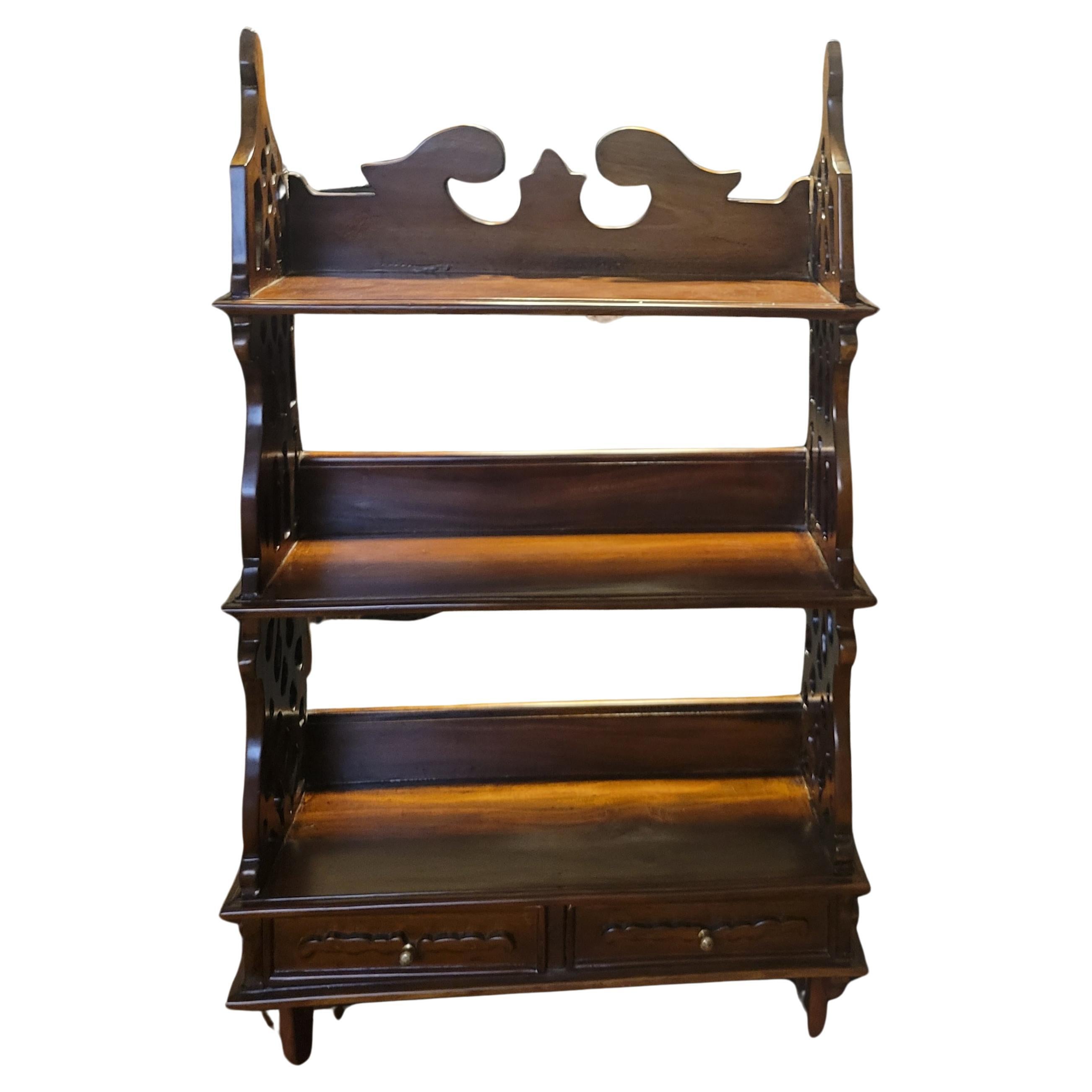 Antique French Provincial Hand-Carved Mahogany Kitchen Shelf with Two Drawers  For Sale