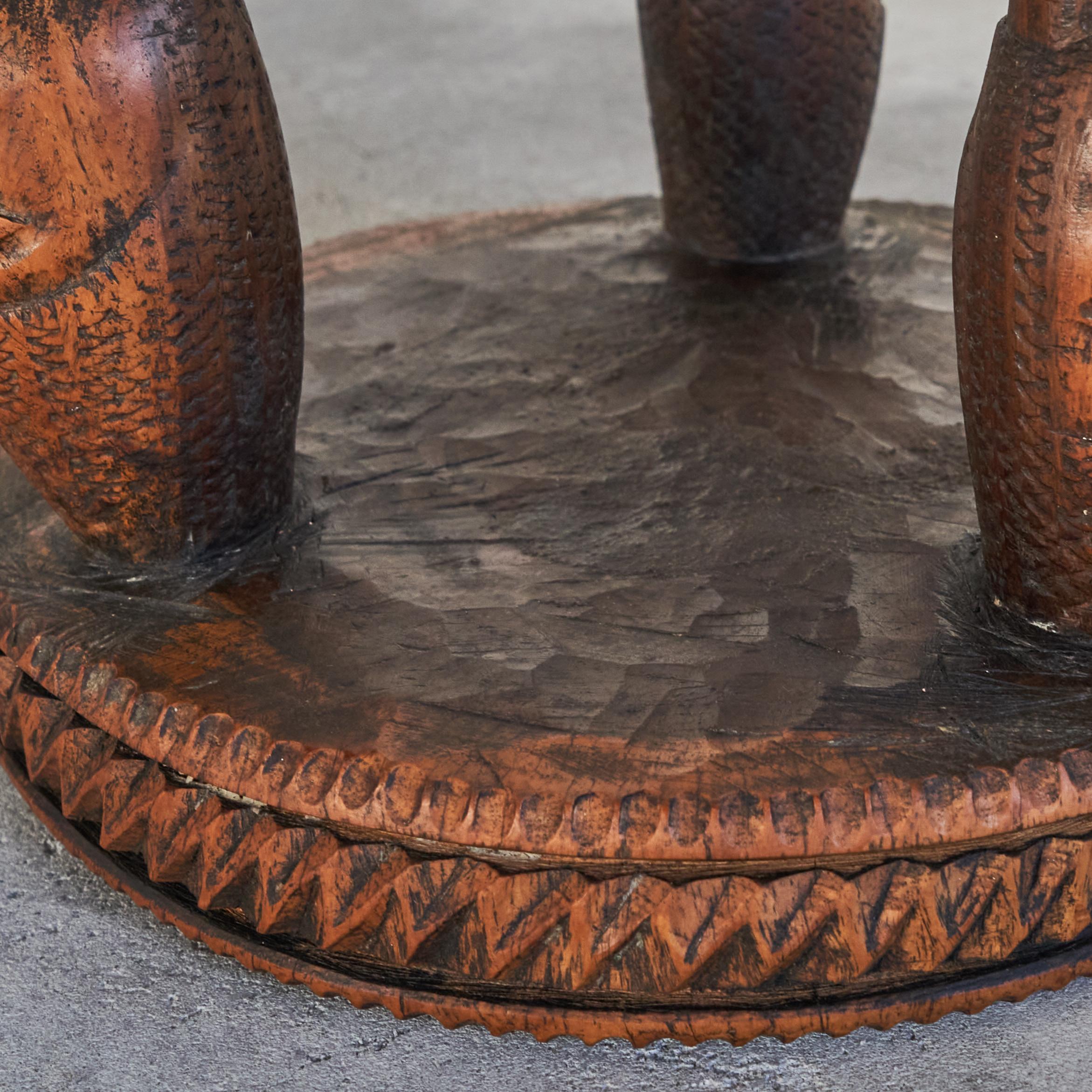 Antique African Side Table in Carved Solid Wood and Inlayed Bone For Sale 4