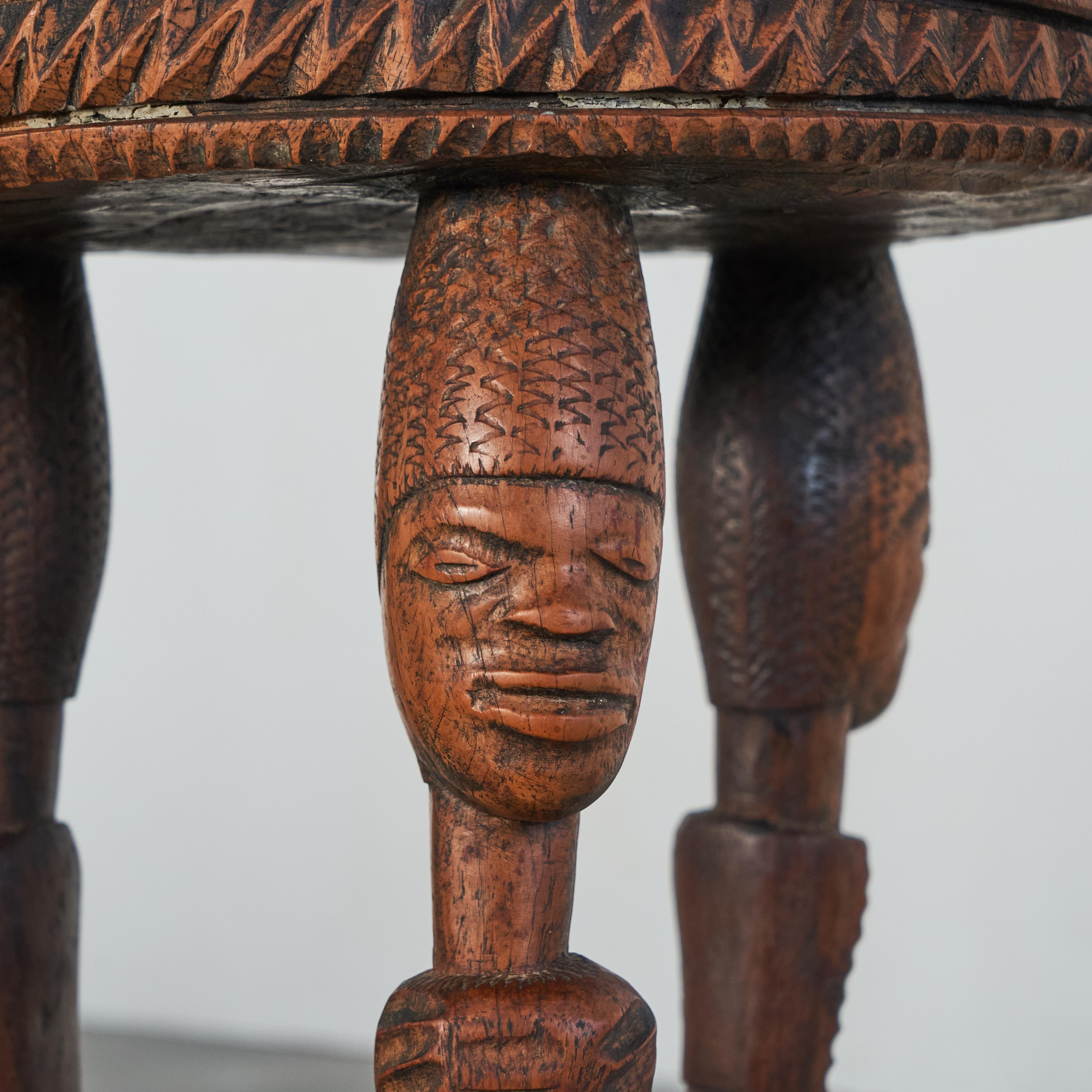 American Craftsman Antique African Side Table in Carved Solid Wood and Inlayed Bone For Sale