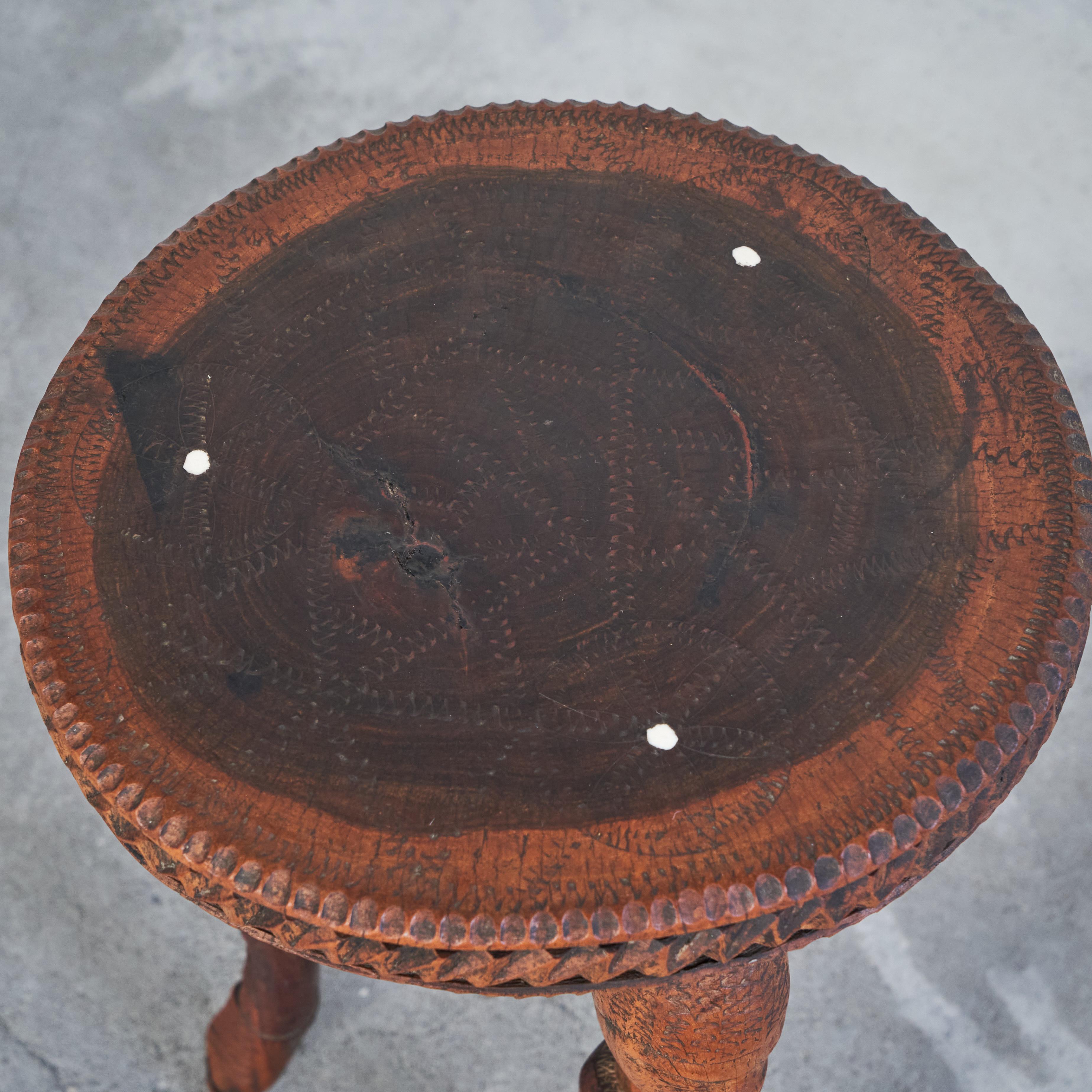 20th Century Antique African Side Table in Carved Solid Wood and Inlayed Bone For Sale