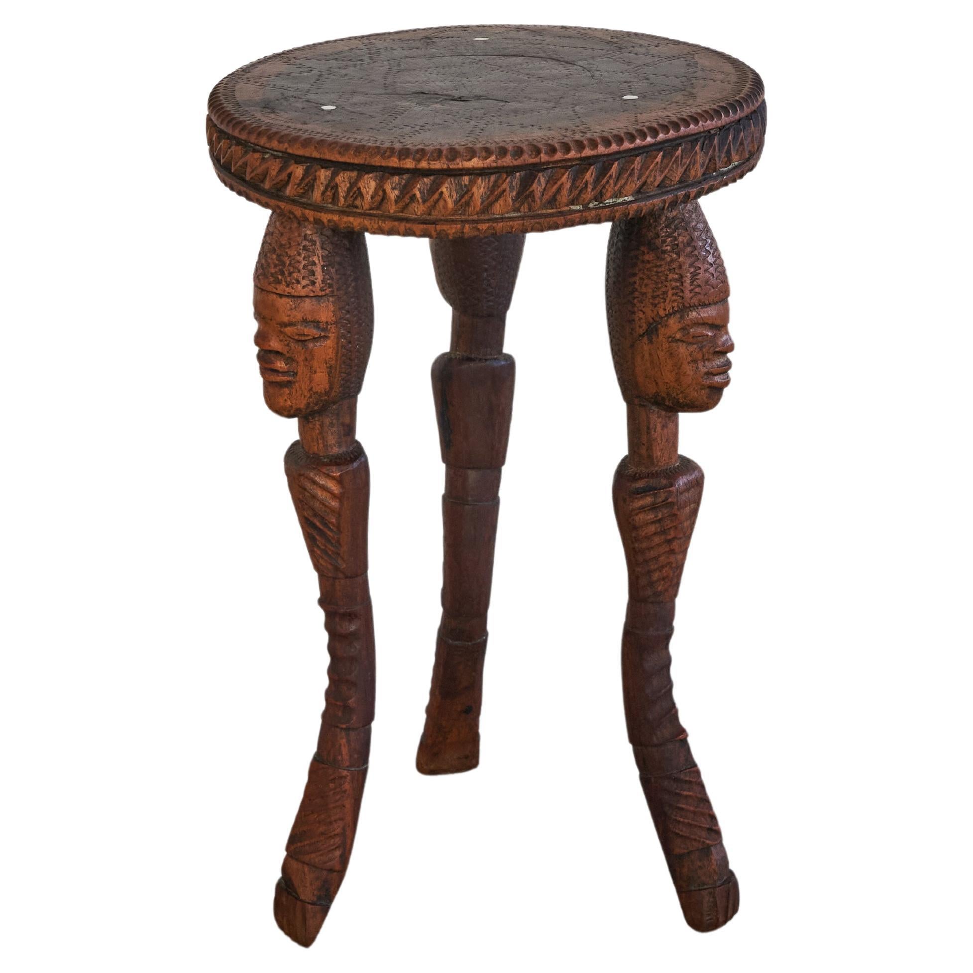 Antique African Side Table in Carved Solid Wood and Inlayed Bone