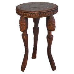 Vintage African Side Table in Carved Solid Wood and Inlayed Bone