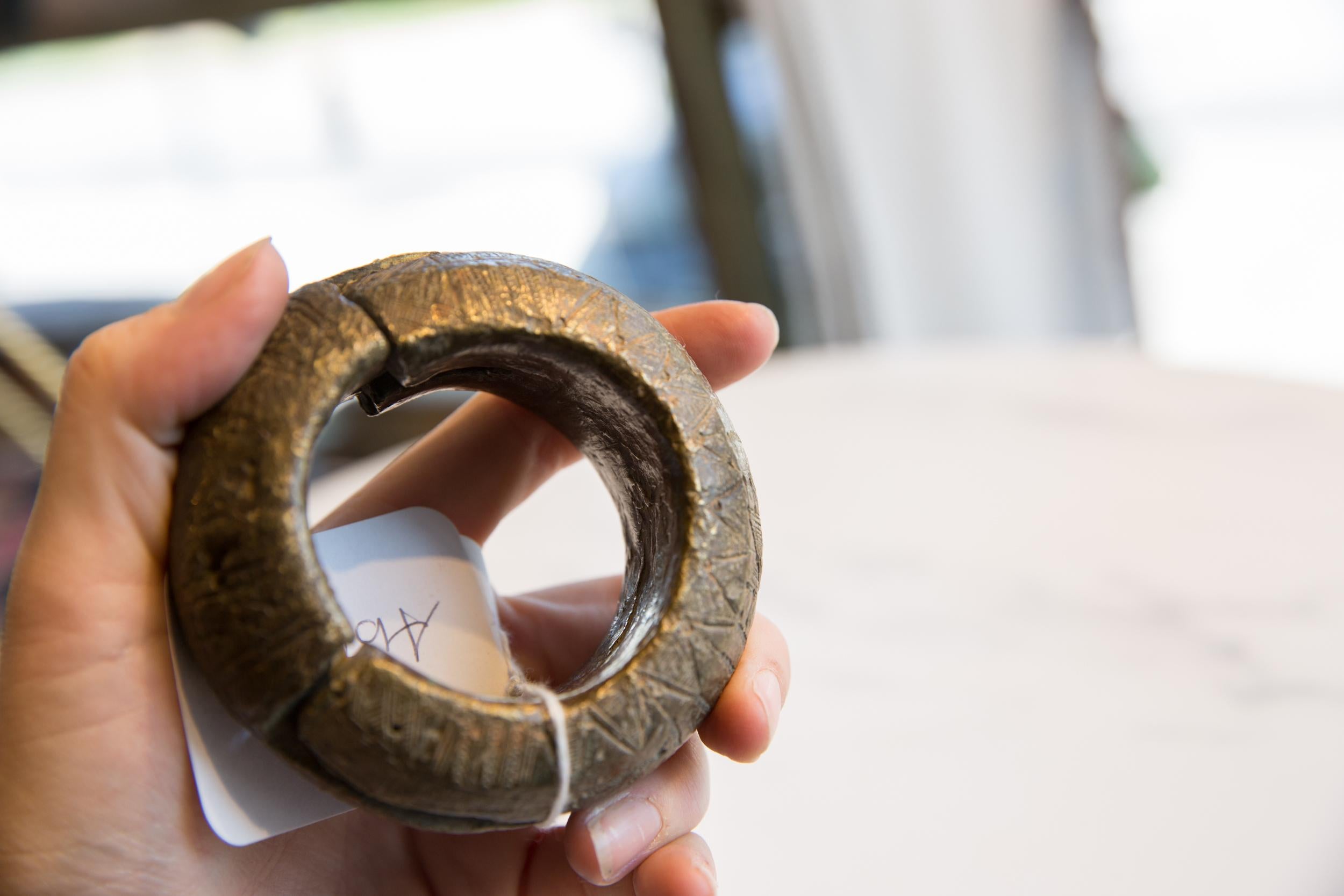 Metal Antique African Thick Bronze Bracelet with Geometric Detailing For Sale