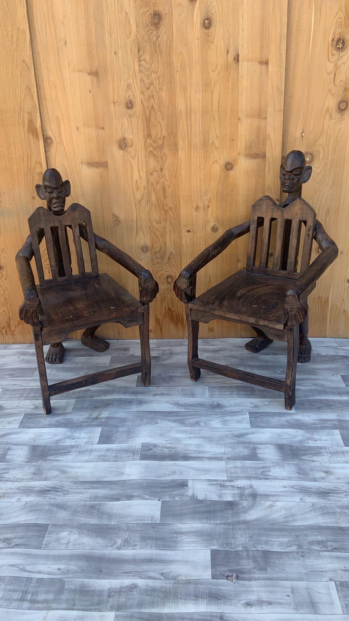20th Century Antique African Tribal Figural Carved Armchairs - Set of 2 For Sale