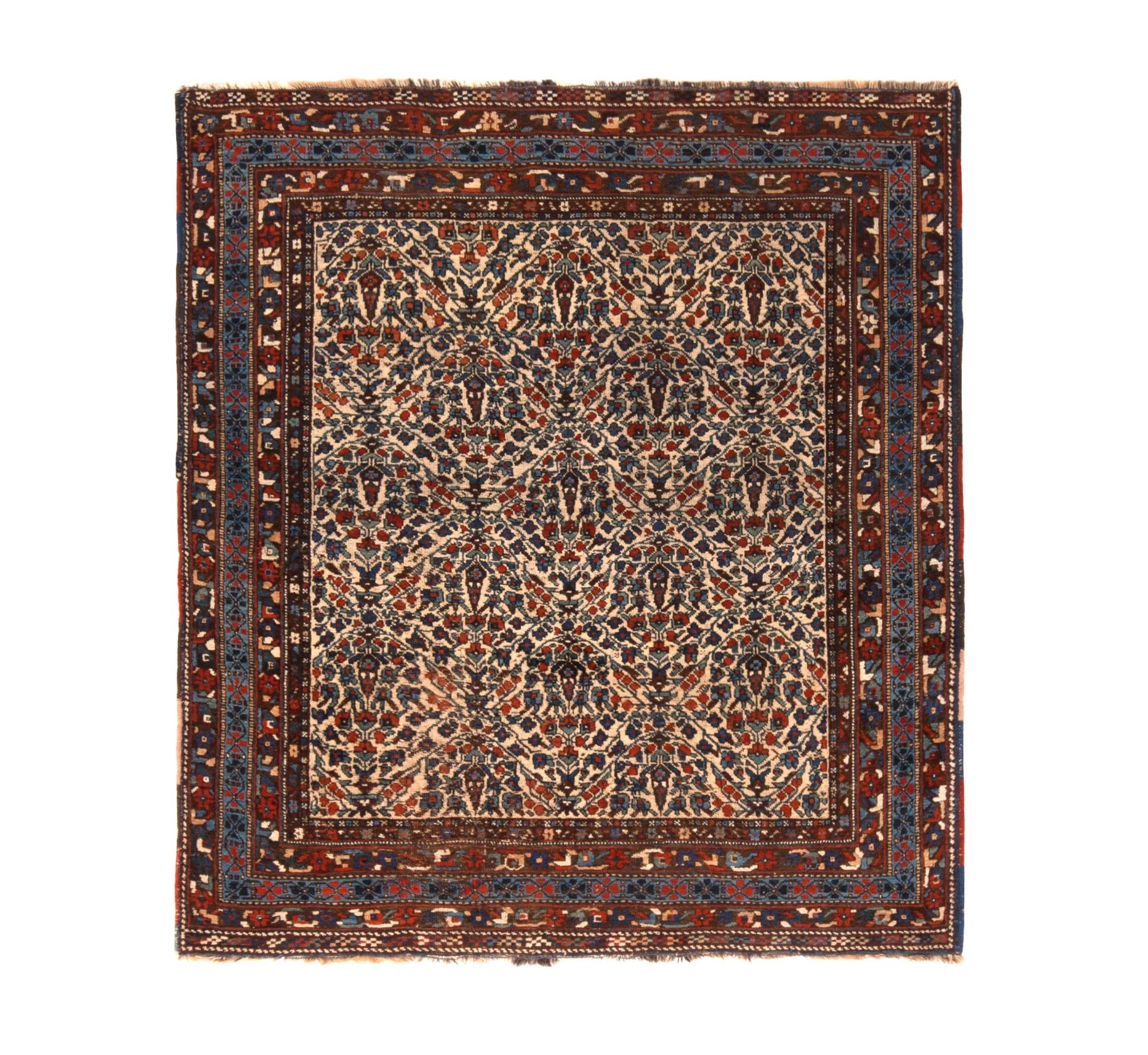 Antique Afshar Floral Cream Red and Blue Wool Persian Rug by Rug & Kilim (Islamisch) im Angebot