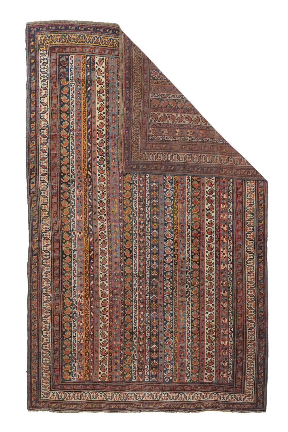 This west Persian village scatter on a wool warp displays the popular “cane” textile  pattern of narrow vertical stripes decorated with floating boteh,  connected S’s, ribbon meanders and chevronned flowers, all in old ivory,  straw yellow,  green,