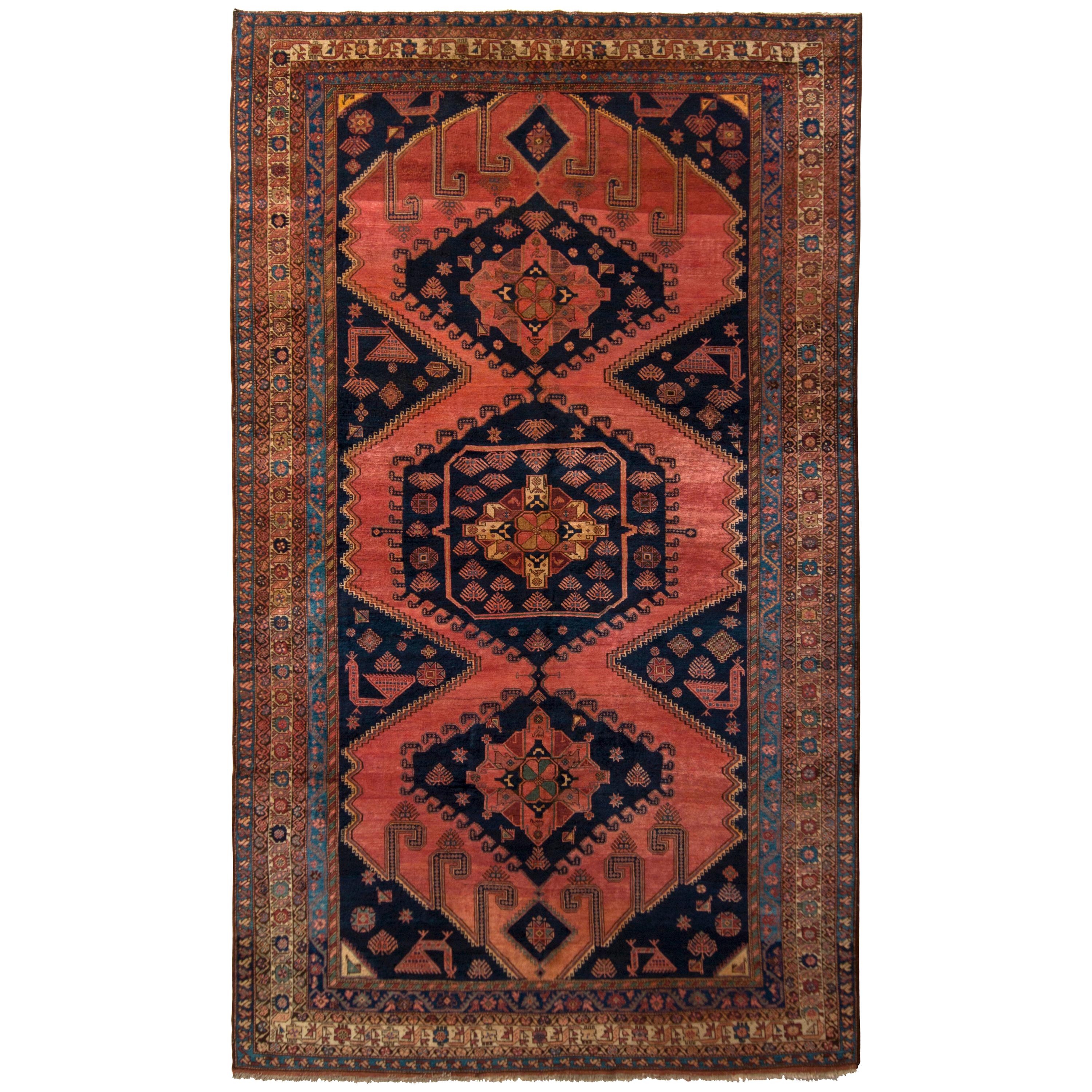 Antique Afshar Persian Rug Red Brown and Blue Geometric Pattern