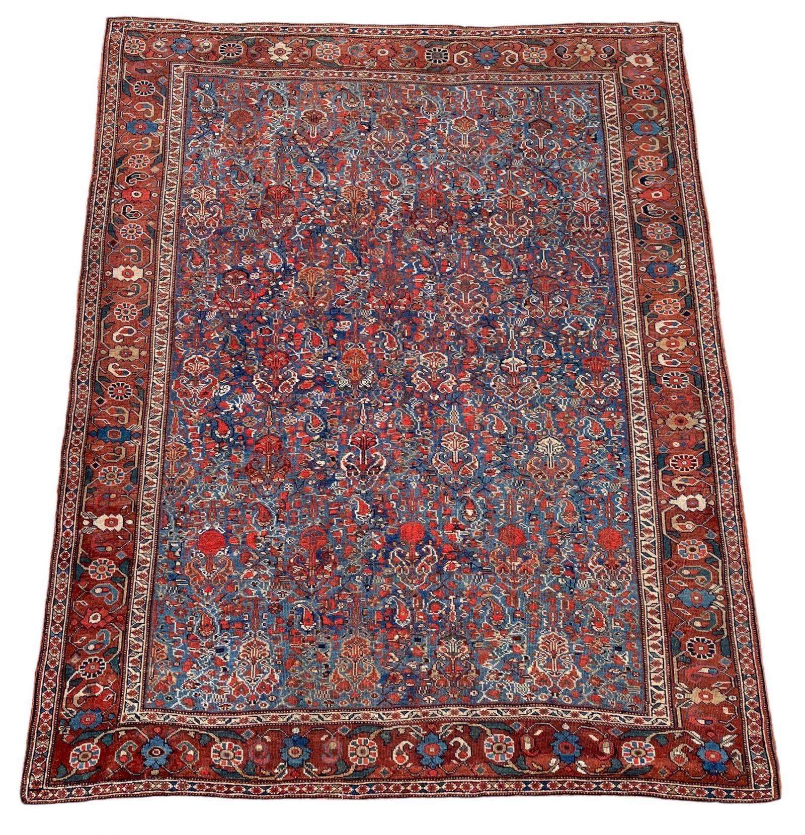 A fabulous antique Afshar rug, handwoven circa 1900 with an unusual all-over design of linked flowers and leaves on a mid blue field and great secondary colours. Finely woven for a tribal rug and lovely soft handle.


Size: 1.70m x 1.42m (5ft 7in x