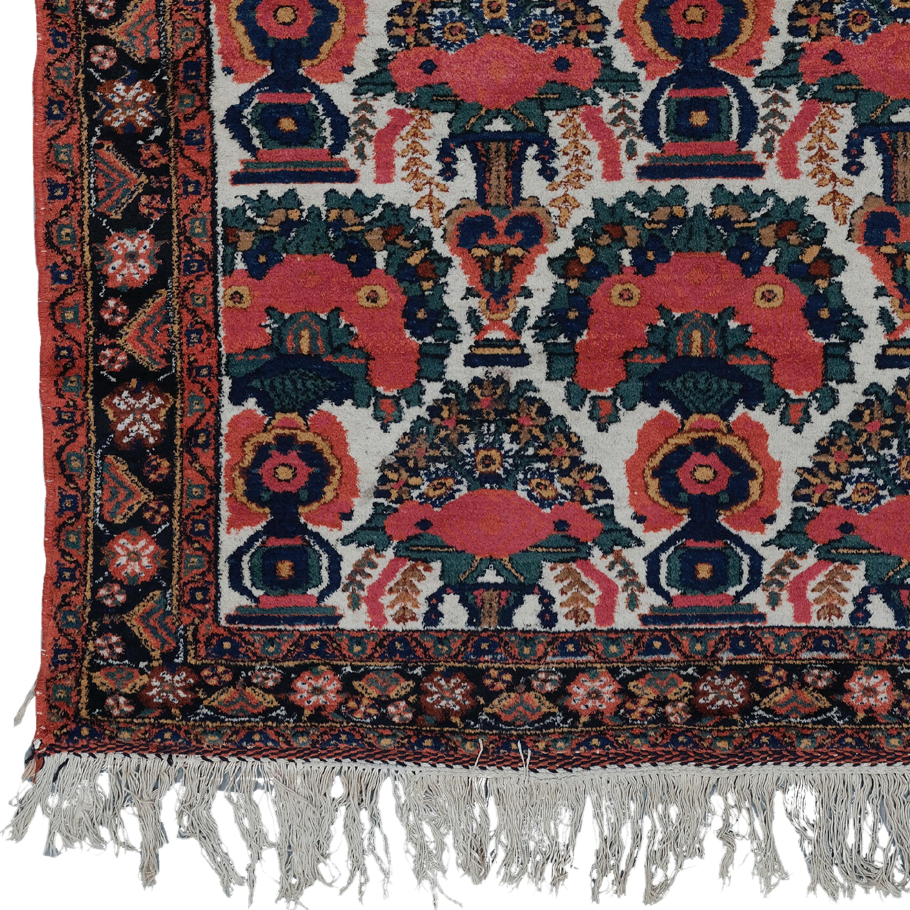 This exquisite 19th-century Afshar carpet is an example of the most exquisite craftsmanship of its period. It adds nobility to any space with its rich history and sophisticated design. Vibrant red and golden motifs embroidered on a dark blue