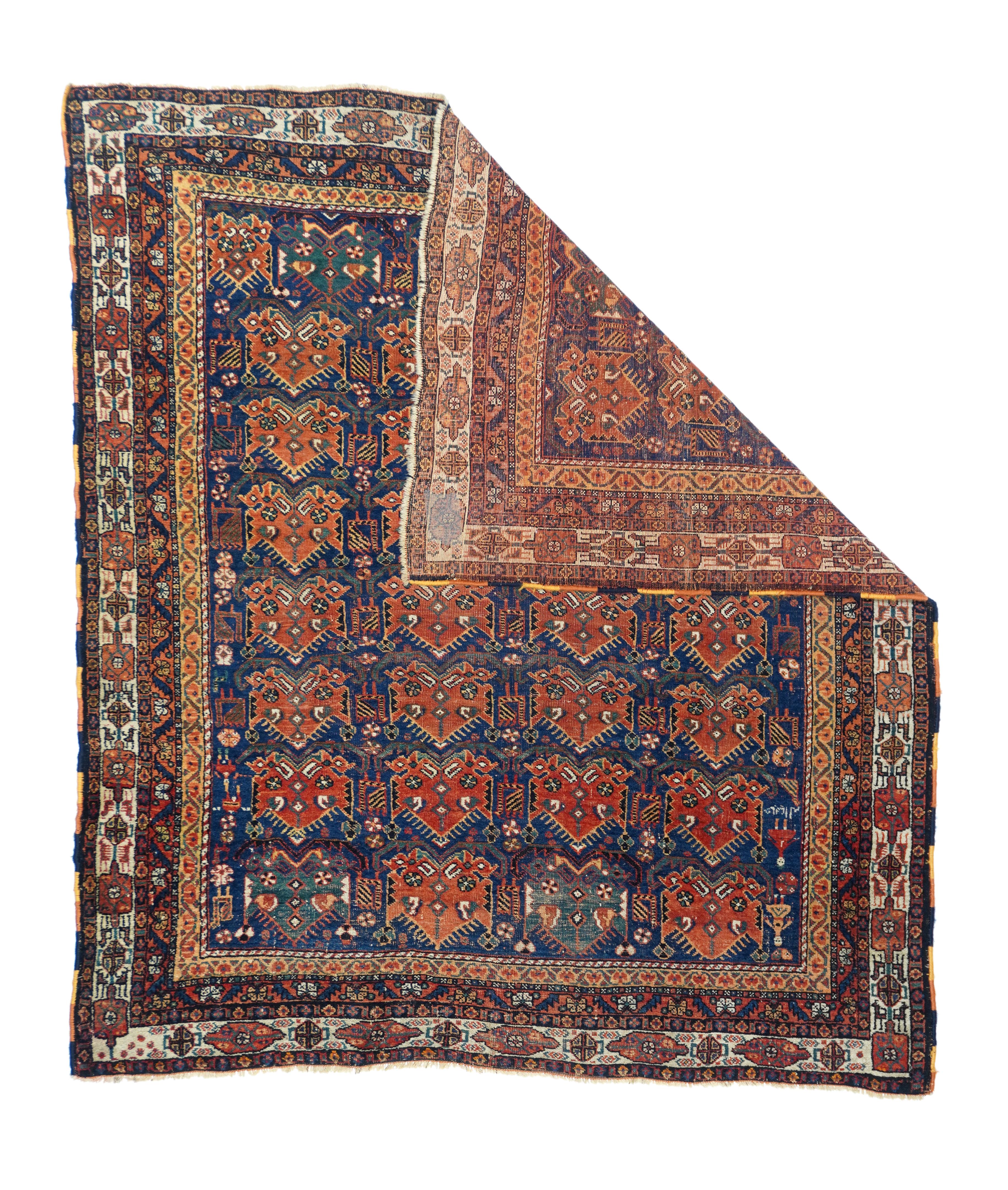 This design is popular on both rugs and bagfaces. This SE Persian tribal square scatter showa four column, eight row array of partially fringed red palmettes on a royal blue ground, with small rosettes and striped birds filling the interstices.